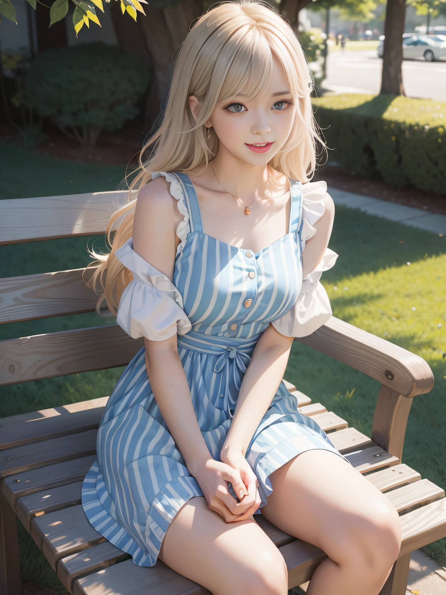 A girl sitting on an anime-style park bench,closeup of face，light colors hair， Wearing a blue and white striped dress, Cover your mouth with your hands，The expression giggled, Capture in a candid moment.  --niji 5