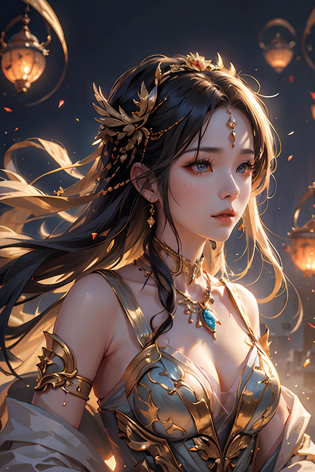 Single female portrait,divino,immortal,cultivating immortals,Magic Array,Gorgeous costumes,Brilliant scene,中景 the scene is,ancient wind,Best quality,hyper-high detail,A high resolution,8K,Delicate face and facial features,glowing light eyes,Artistic lighting,