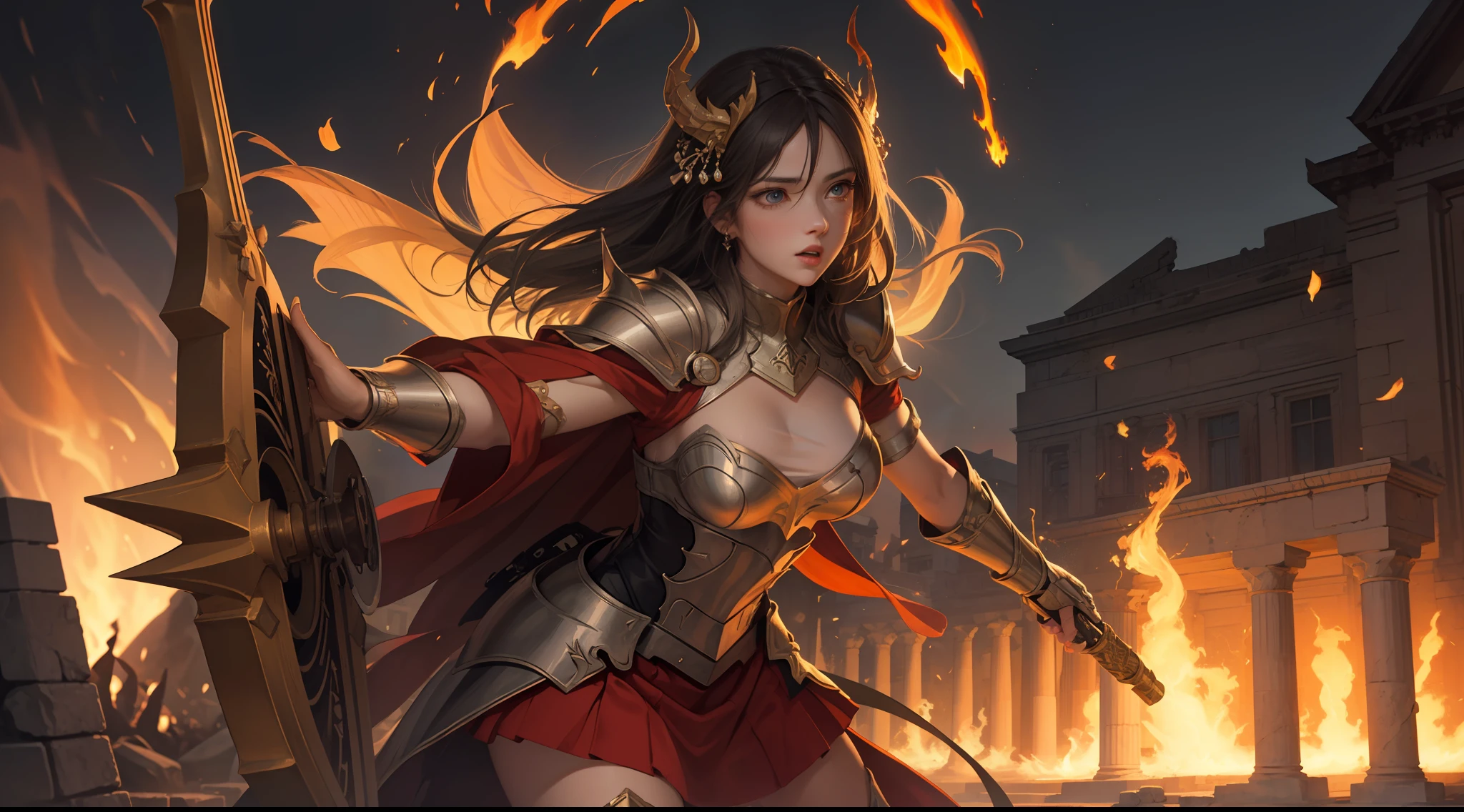 (Extremely detailed Cg Unity 8K wallpaper,Masterpiece, Best quality, Ultra-detailed, Beautiful detailed eyes:1.2),Best illumination, (Best shadow, An extremely delicate and beautiful, full bloom),
1girll,Solo,Large breasts,Heavy armor,complex patterns,Long hair,Holding a shield,Film filter, Hellfire,full bodyesbian,demon,Flame,Greek temple,dramatics,dynamicposes,illusory engine, (High detail: 1.9)