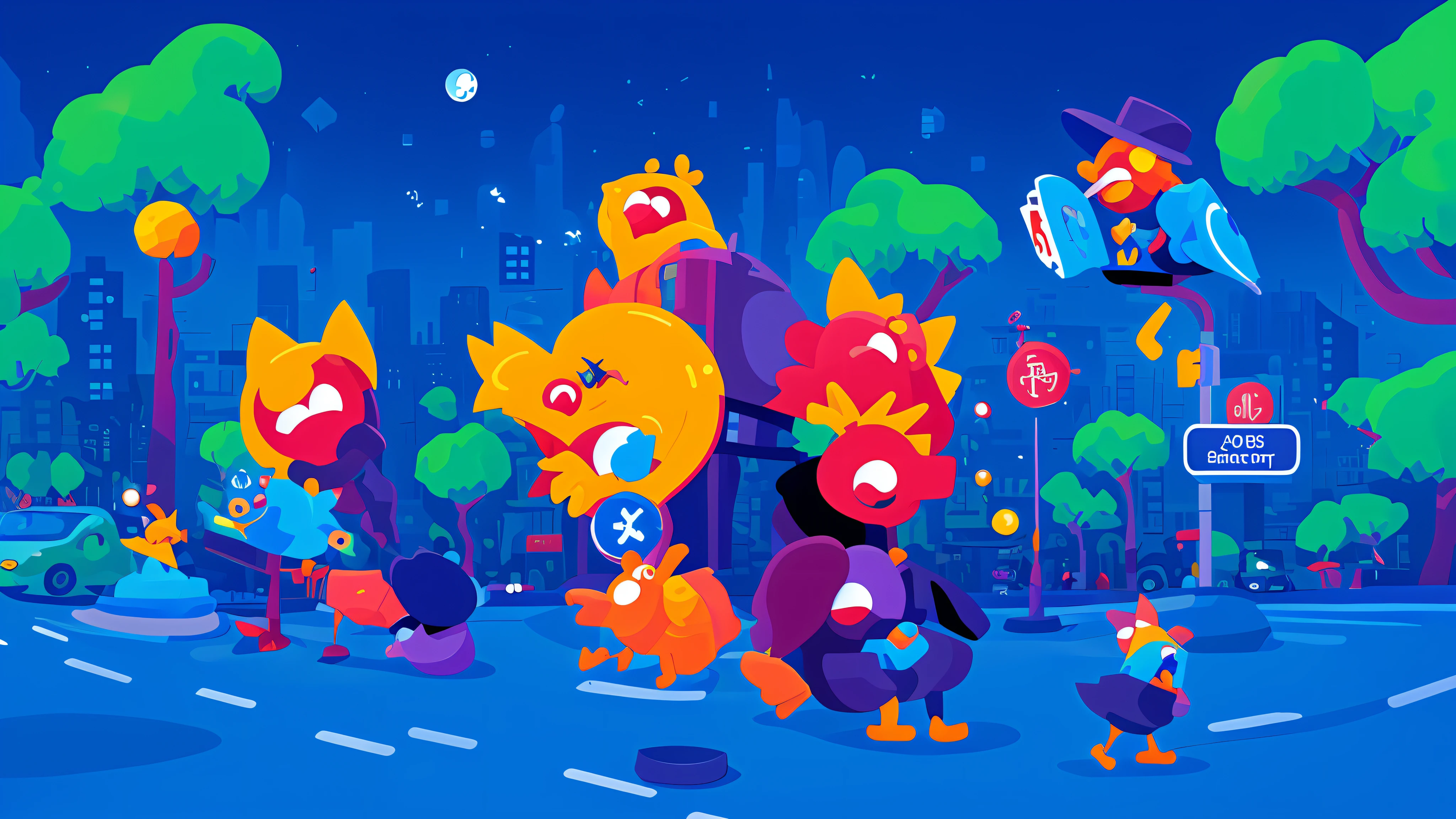 There is a cartoon character sitting at the top of a street sign, Official artwork, Colorful illustration, author:Kaneokase Kane, Album art, looking this way, Inspired by Zodolovsky, 2 d gouache illustration, author:Tomokazu Matsuyama, promotional art, 2 d illustration, 2D illustration, vibrant cartoon art, promotional artwork