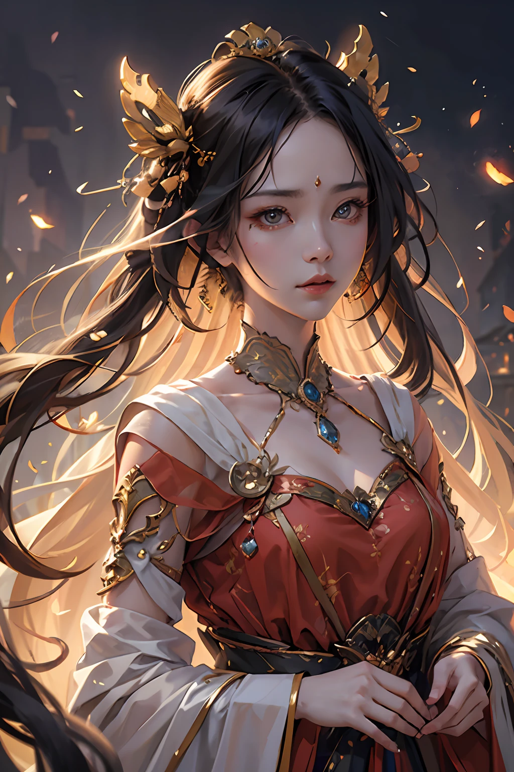 Single female portrait，divino，immortal，cultivating immortals，Magic Array，Gorgeous costumes，Brilliant scene，中景 the scene is，ancient wind，Best quality，hyper-high detail，A high resolution，8K，Delicate face and facial features，glowing light eyes，Artistic lighting，