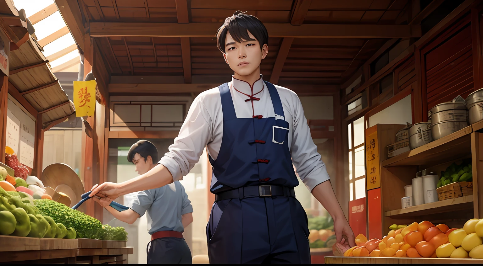 人物：

Chen Jianghai（male people）
Wife Lin Wanqiu（femele）
Scenes：

Maintenance workshop：Chen Jianghai carries out maintenance work，Slow to make money。
Market：Chen Jianghai went to the vegetable market at Yangqiaokou to buy ingredients。