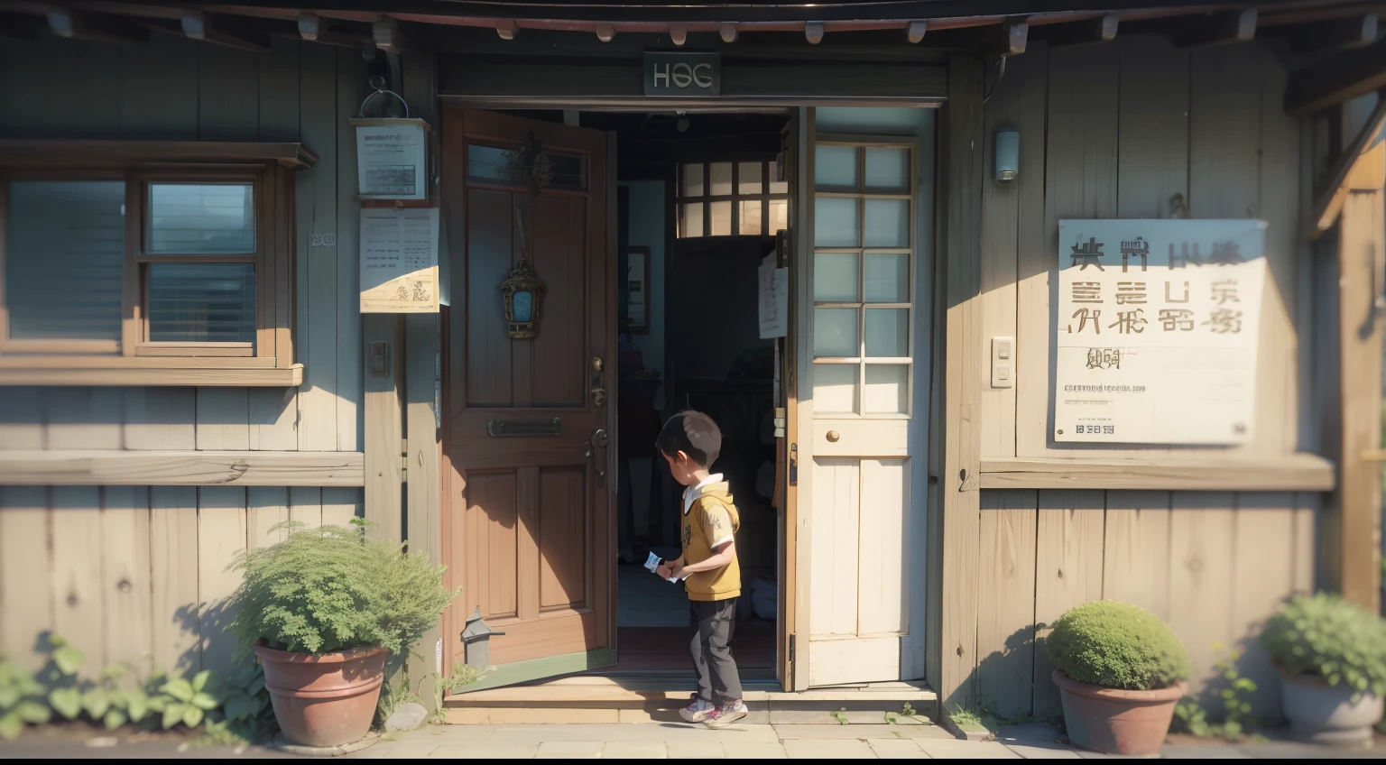 Son，A charm was posted at the door of my father's house、Own doorstep、On the gate，And holding a charm in his hand。