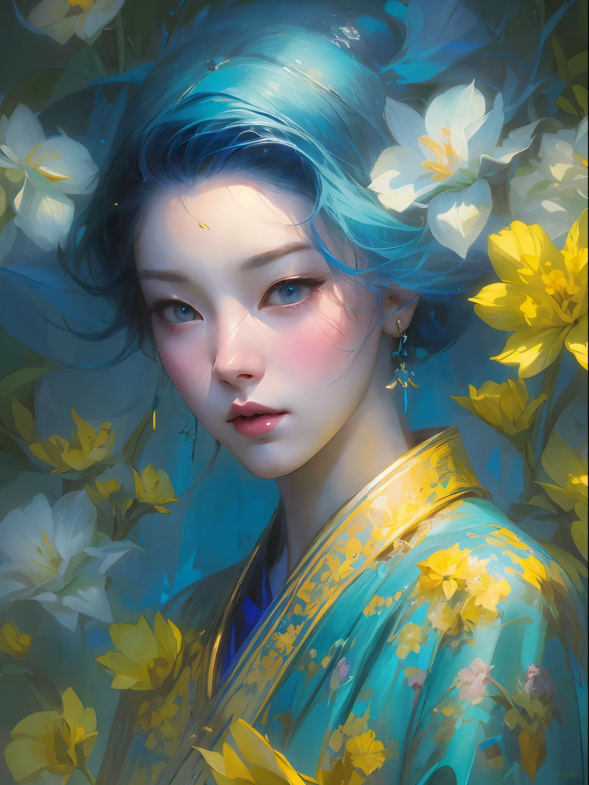 HighestQuali，tmasterpiece：1.2，Detailed details，4K，A beautiful painting of ladies，Her blue hair is surrounded by flowers, inspired by Lin Liang, Trend of CGsociety, arte figurativa, tyrus wong, daffodil, amarelo、blue and cyan colors, author：tom bagshaw, Japanese woman, Song Dynasty
