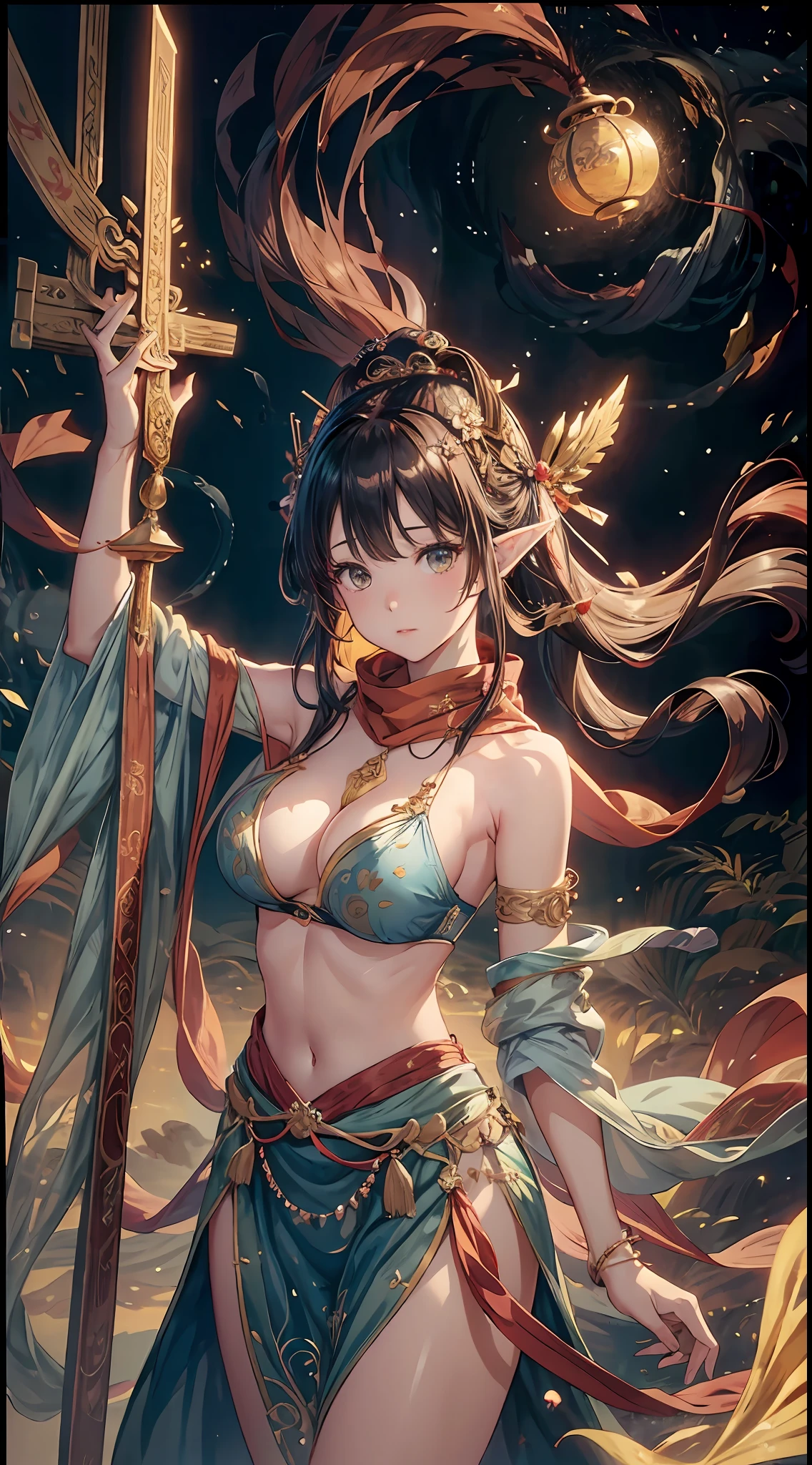 （RAW photos，best qualtiy），（realisticlying，photograph realistic：1.3），best qualtiy，highly  detailed，tmasterpiece，cleavage，Large breasts，ultra - detailed，illustratio，1个Giant Breast Girl，The upper part of the body_Body，dynamic angle，World Mastery Theatre，Messy_Long_Hair，best qualtiy，extremely detailed CG unity 8k wal，ink，astounding，电影灯光，lens_flare，dunhuang_Style，详细的脸，Beautiful rendering of the Tang Dynasty，（Deliberate expression：1.5），standing in flower field， （looking at the stars：1.2），glowworm，Floating scarf，Sony main shot，A woman poses in front of a television to take a photo，inspired by Fei Danxu，Aesthetic!!!!!Female elves， brown hair and bangs， hd screenshot， nicovideo， Ordinary hands， vivd colour， Storm Limuru full face shot， Nice studio lighting， vhs screencap， beautiful fine - face， Nami， Faria