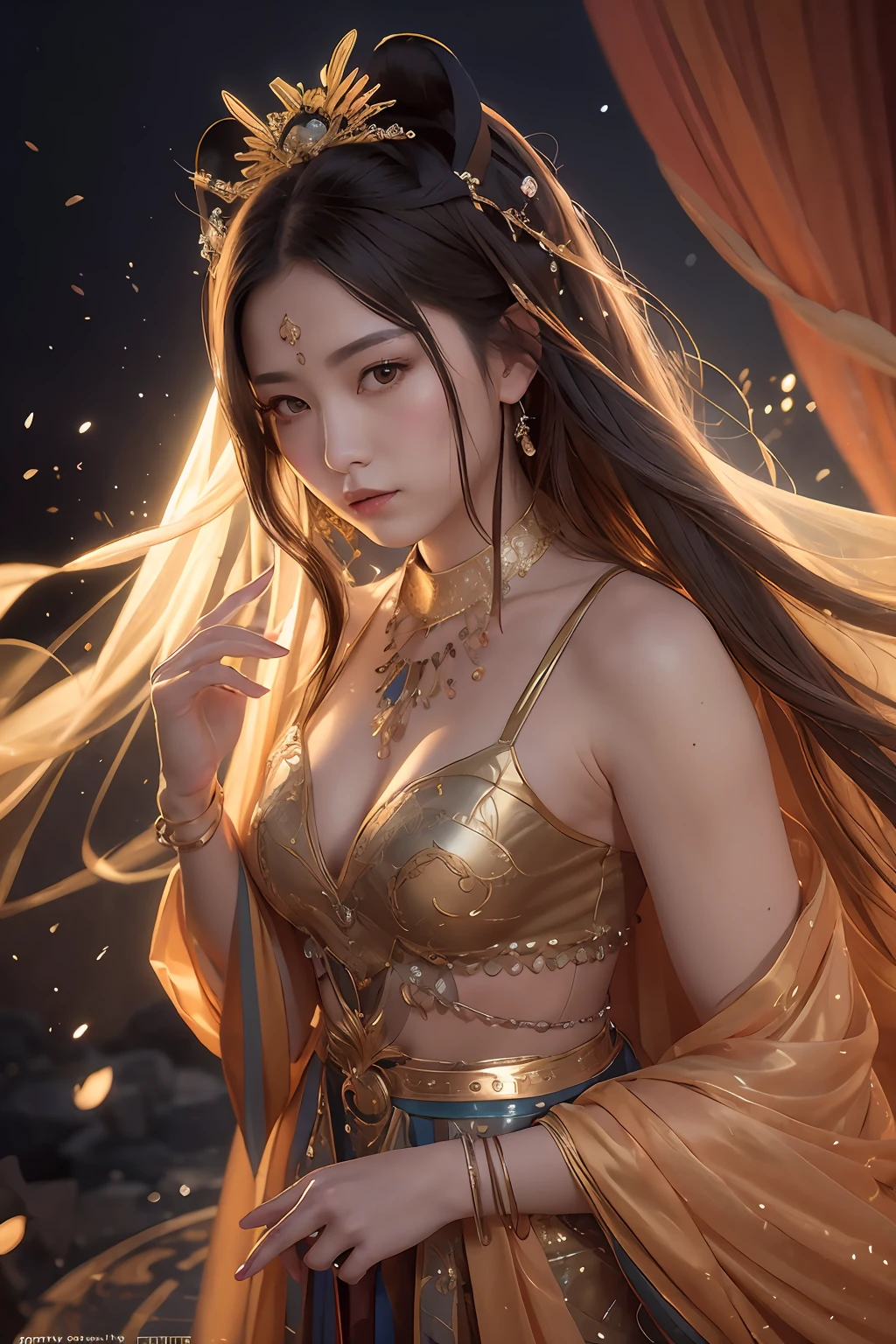 Single female portrait，divino，immortal，cultivating immortals，Magic Array，Gorgeous costumes，Brilliant scene，中景 the scene is，ancient wind，Best quality，hyper-high detail，A high resolution，8K，Delicate face and facial features，glowing light eyes，Artistic lighting，
