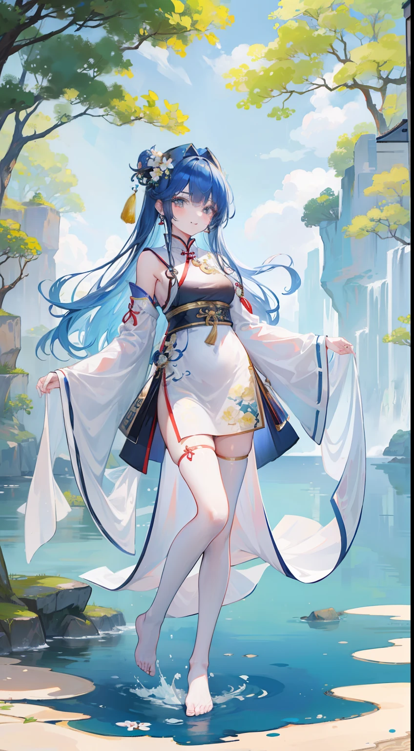 ((4k,masterpiece,best quality)), shuimobysim, Traditional chinese painting, lotuses, Hanfu, maxiskit, Dress conservatively 1girl, solo, blue long hair, ssmile, standing on your feet, Feet in the water, The barefoot, (White stockings:2.0)
