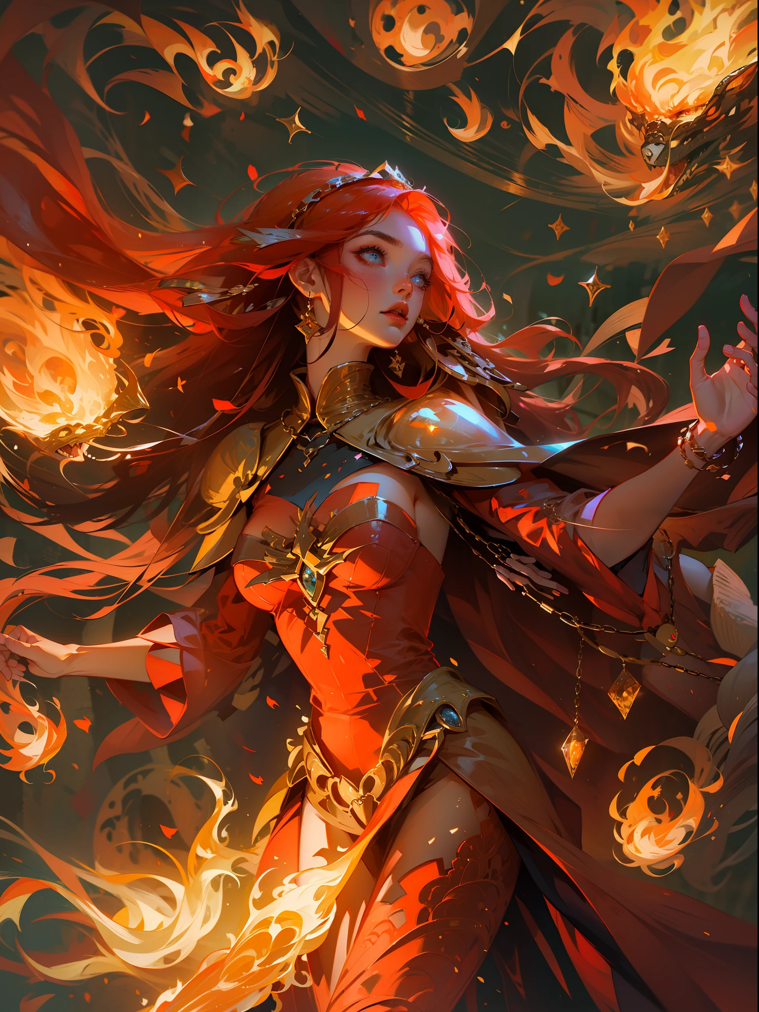 high details, best quality, 8k, [ultra detailed], masterpiece, best quality, (extremely detailed), dynamic angle, ultra wide shot, photorealistic, fantasy art, dnd art, rpg art, realistic art, an ultra wide picture of a female human (1.5 intricate details, Masterpiece, best quality) godess of fire ((fire magical aura)), controlling a swirling fiery magic (1.5 intense details, Masterpiece, best quality), manipulating [[magical fire sigils]] (1.5 intricate details, Masterpiece, best quality), human female, red  hair, long hair with fiery aura, hair with fiery touch, fiery eyes, intense eyes, ((fiery eyes)), ((glowing eyes)), dynamic clothing, fantasy volcano background, ((divine worship atmosphere)), high details, best quality, highres, ultra wide angle
