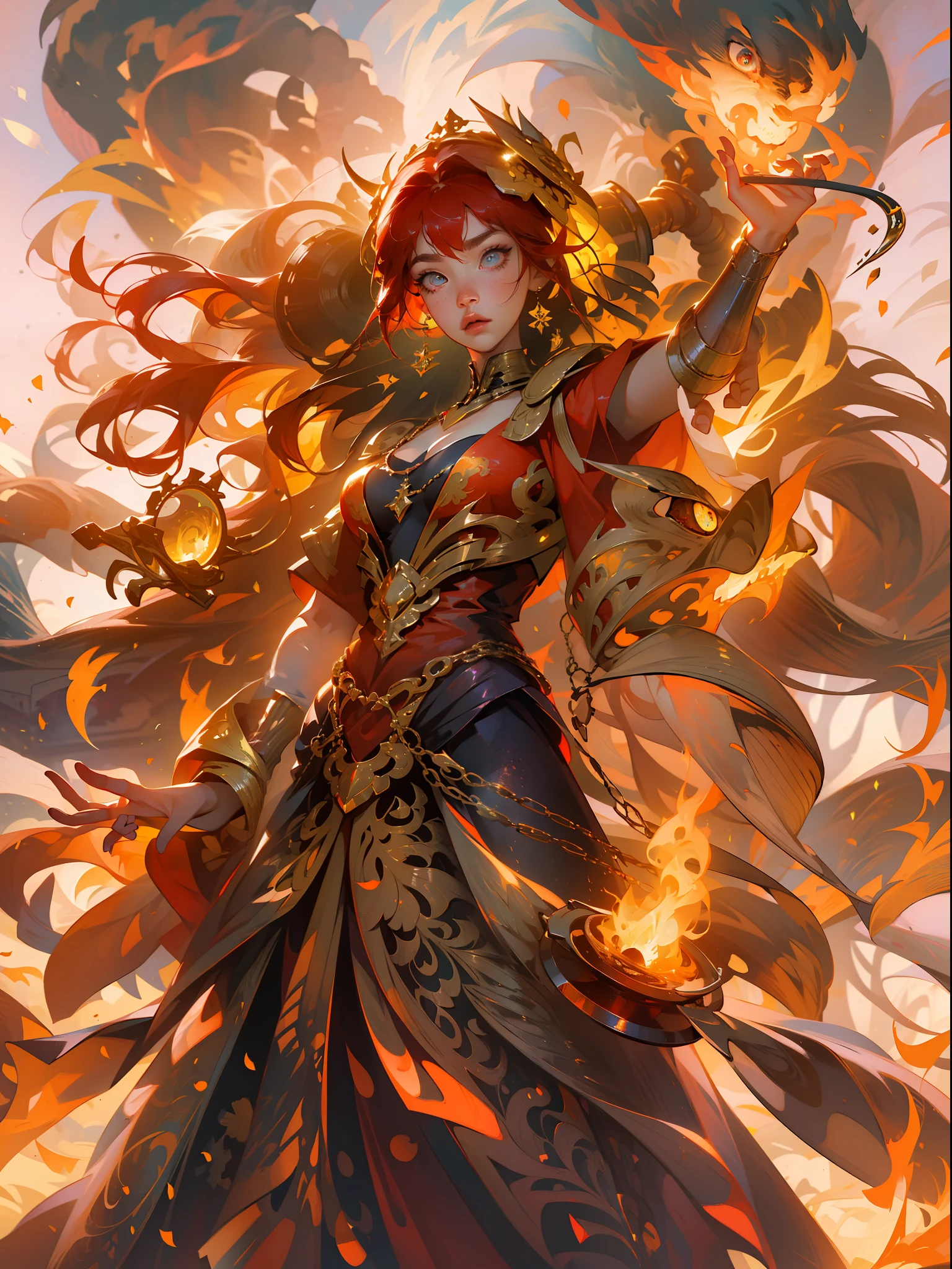 high details, best quality, 8k, [ultra detailed], masterpiece, best quality, (extremely detailed), dynamic angle, ultra wide shot, photorealistic, fantasy art, dnd art, rpg art, realistic art, an ultra wide picture of a female human (1.5 intricate details, Masterpiece, best quality) godess of fire ((fire magical aura)), controlling a swirling fiery magic (1.5 intense details, Masterpiece, best quality), manipulating [[magical fire sigils]] (1.5 intricate details, Masterpiece, best quality), human female, red  hair, long hair with fiery aura, hair with fiery touch, fiery eyes, intense eyes, ((fiery eyes)), ((glowing eyes)), dynamic clothing, fantasy volcano background, ((divine worship atmosphere)), high details, best quality, highres, ultra wide angle