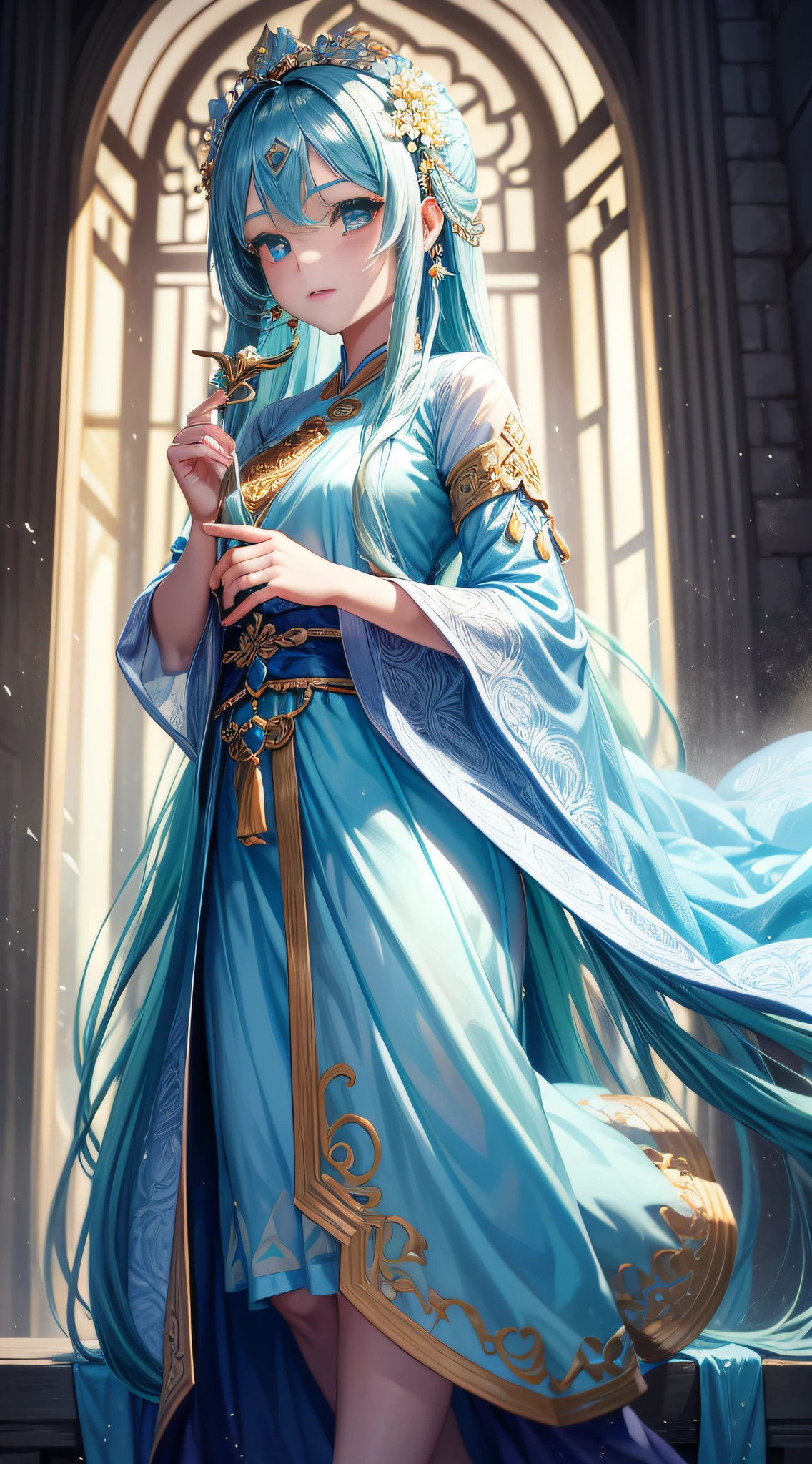 A young girl wearing a light blue dress is an immortal cultivator，Jade flute in hand，extremely beautiful，The face is beautiful and cute