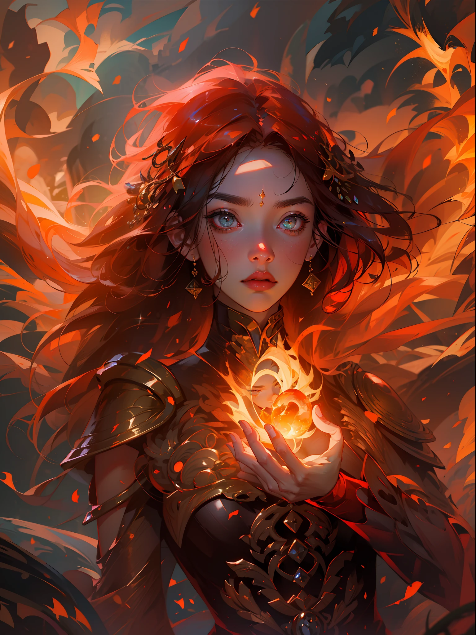 high details, best quality, 8k, [ultra detailed], masterpiece, best quality, (extremely detailed), dynamic angle, ultra wide shot, photorealistic, fantasy art, dnd art, rpg art, realistic art, an ultra wide picture of a female human (1.5 intricate details, Masterpiece, best quality) godess of fire ((fire magical aura)), controlling a swirling fiery magic (1.5 intense details, Masterpiece, best quality), manipulating [[magical fire sigils]] (1.5 intricate details, Masterpiece, best quality), human female, red  hair, long hair with fiery aura, hair with fiery touch, fiery eyes, intense eyes, ((fiery eyes)), ((glowing eyes)), dynamic clothing, fantasy volcano background, ((divine worship atmosphere)), high details, best quality, highres, ultra wide angle