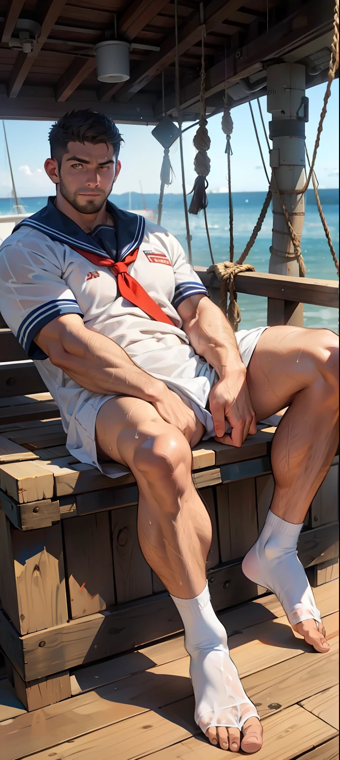 masterpiece, best quality, face, natural eyes, 1man, european, big feet, (no shoes), full body, naked, a naked male, naked mature and handsome male, large bulge, long legs, looking at viewer, 30 years old, muscled and mature, short haircut, a mature sailor weaing uniform sitting on the ship deck, wet body, wet clothing, white fluids on body, hot, sweating, flush, steaming,  erecting, huge