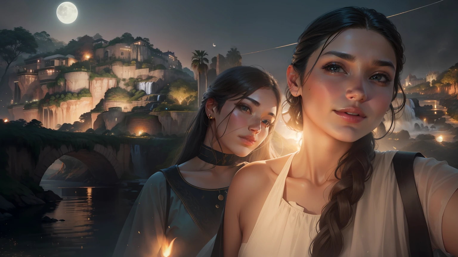 Replace background with hilly waterfall and moon, original face , ultra realistic. Do not change face