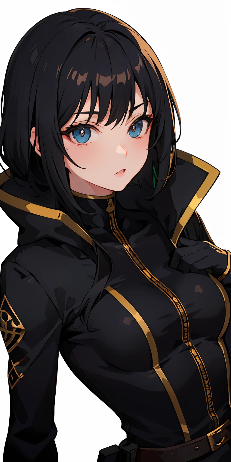 1girl, anime, cute girl, rogue, blank background, white background, fantasy, dark clothes, beautiful face, dark colours, assassin