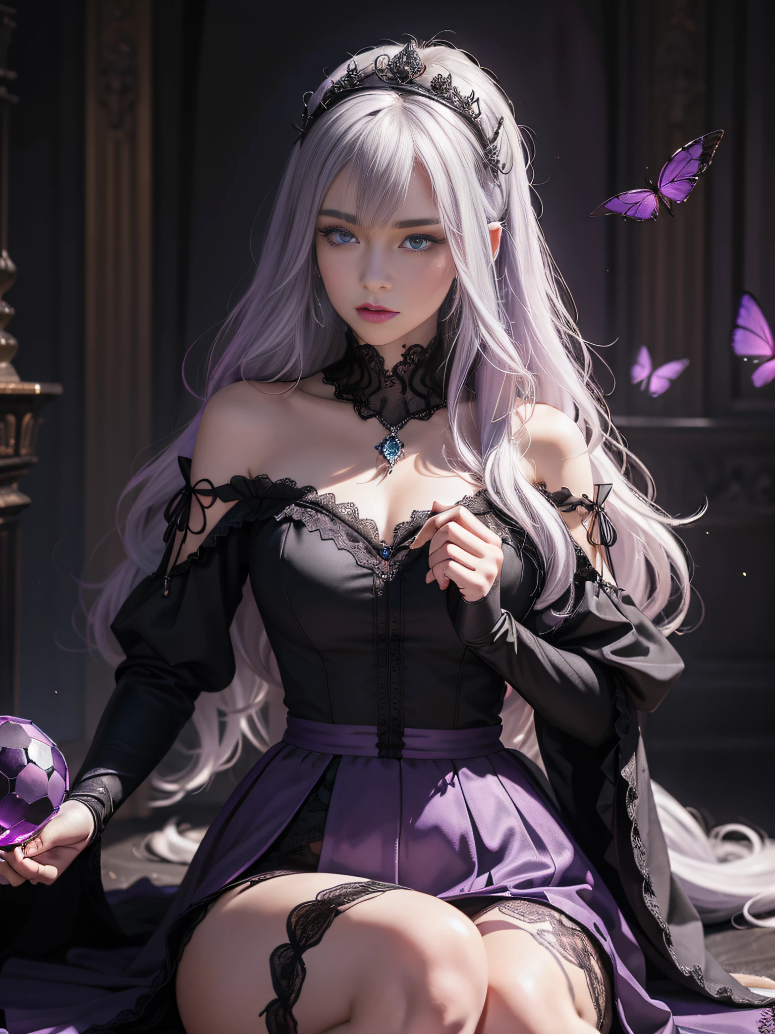 Gothic,closeup of face,Realistic scenes,3D modeling aids,Close-up portrait of the queen's seat.fairy academia,Purple and dark theme,Dark white and dark gray,mysteriousbeauty,Intricate curly long hair,White hair,sweeping bangs,blushed skin,parted lip,Dress off-the-shoulder gothic purple and black tulle ruffles,overskirt,Purple lace elbow gloves,Sit in a magnificent palace,Hold and stare at the crystal ball that glows purple,Ambient light,Light particles,Blur --AR 2:3 --q 5 --niji 5