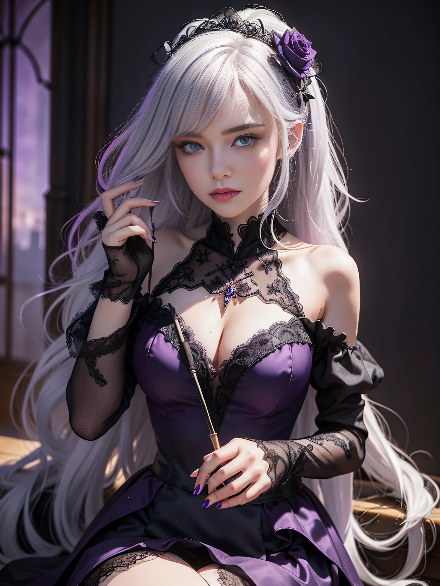 Gothic,closeup of face,Realistic scenes,3D modeling aids,Close-up portrait of the queen's seat.fairy academia,Purple and dark theme,Dark white and dark gray,mysteriousbeauty,Intricate curly long hair,White hair,sweeping bangs,blushed skin,parted lip,Dress off-the-shoulder gothic purple and black tulle ruffles,overskirt,Purple lace elbow gloves,Sit in a magnificent palace,Hold and stare at the crystal ball that glows purple,Ambient light,Light particles,Blur --AR 2:3 --q 5 --niji 5
