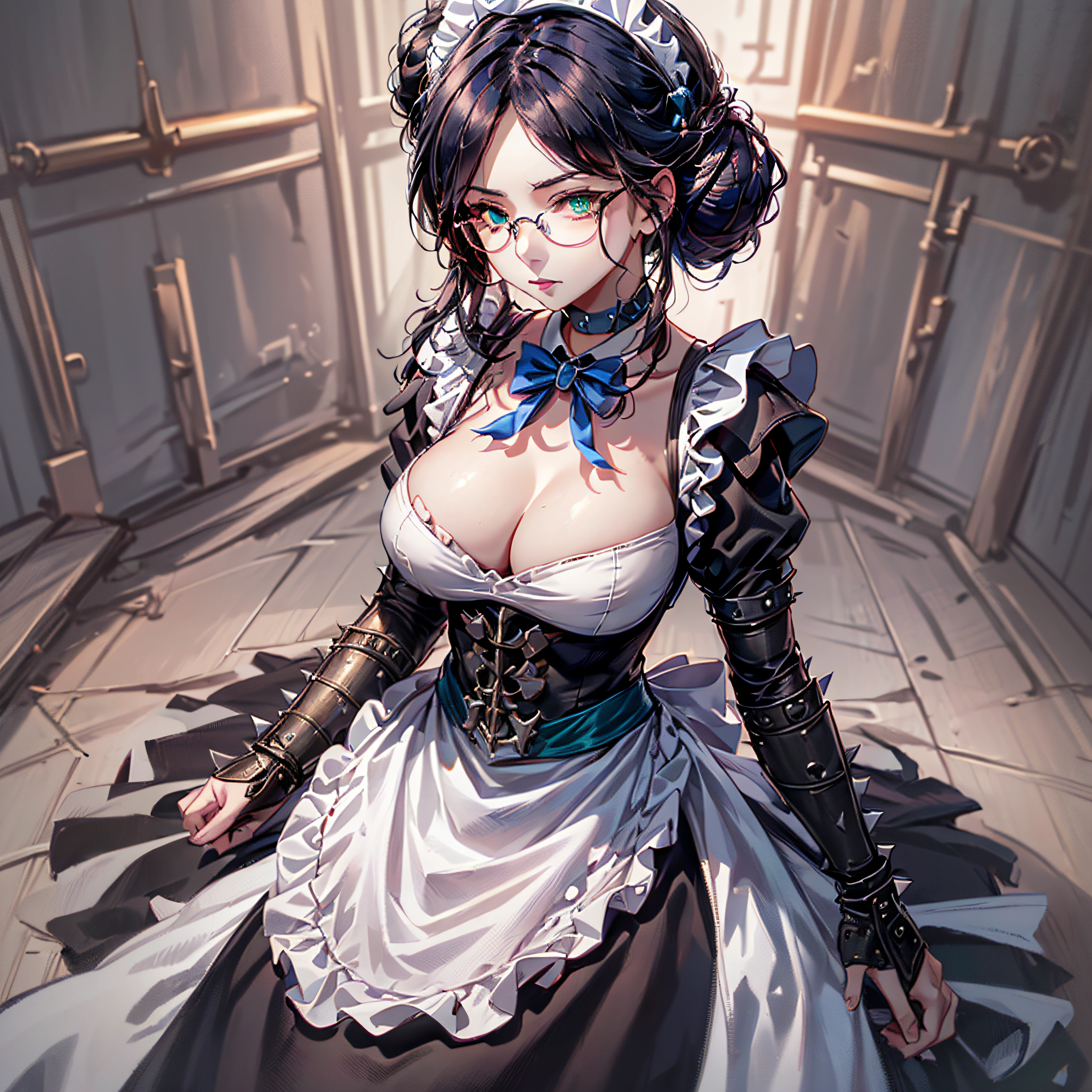 (1girl, yuri alpha:1.0), (anime overlord), (solo:1.4), (Maid_Dress), (64k, UHD, Raw photo, highes, Best Quality, mastepiece:2.0), (Ultra-fine depiction of details:3.0), (a serious, loyal, hard-working maid head, the vice-captain of the "Pleiades Six Stars", the battle maid squad of the Great Tomb of Nazarick), (a beautiful woman with an intelligent look), black hair, (elegant, vivid blue bowtie, ribbon:1.3), (green wristband), (She is equipped with highly elaborately designed, dark emerald green spiky gauntlets:1.5), (perfect face, perfect body, perfect figure, pink lips, slight blush), (cool, intellectual glasses), (slightly glowing blue eyes:1.3), (shiny sleek long hair, single hair bun, single braid bun, double bun), (silky, high-quality, majestic, gothic, ((low-key)), simple, maid dress:1.0), (vivid blue gothic style choker:1.3), (pure white maid apron:1.2), (gigantic breasts, almost brimming out of maid dress:1.2), (sexy cleavage:1.1), inhouse, studying the orders issued by the master of [the Great Tomb of Nazarick, Ainz Ooal Gown], the room is filled with solemn atmosphere, (long shot, full body shot), (perfect lighting,)