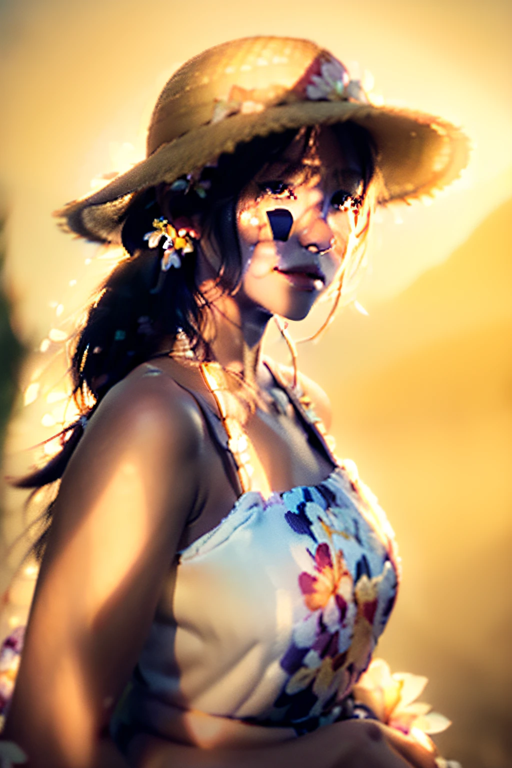 (extreme close up:1.5), (face focus:2),(Style of ???? ???:1.5),
((side face:2)),(1girl surrounded by soft_light:1.5), (backlighting:1.8), (lighting),(flowing fabric:1.3), ((Floral_summer_dress:1.5),(Straw_hat:1.3)),
(masterpiece), realistic, HDR, highly detailed, 8k, raw photo,
ambient occlusion, natural, harmonious composition, warm tones, fine art photography,