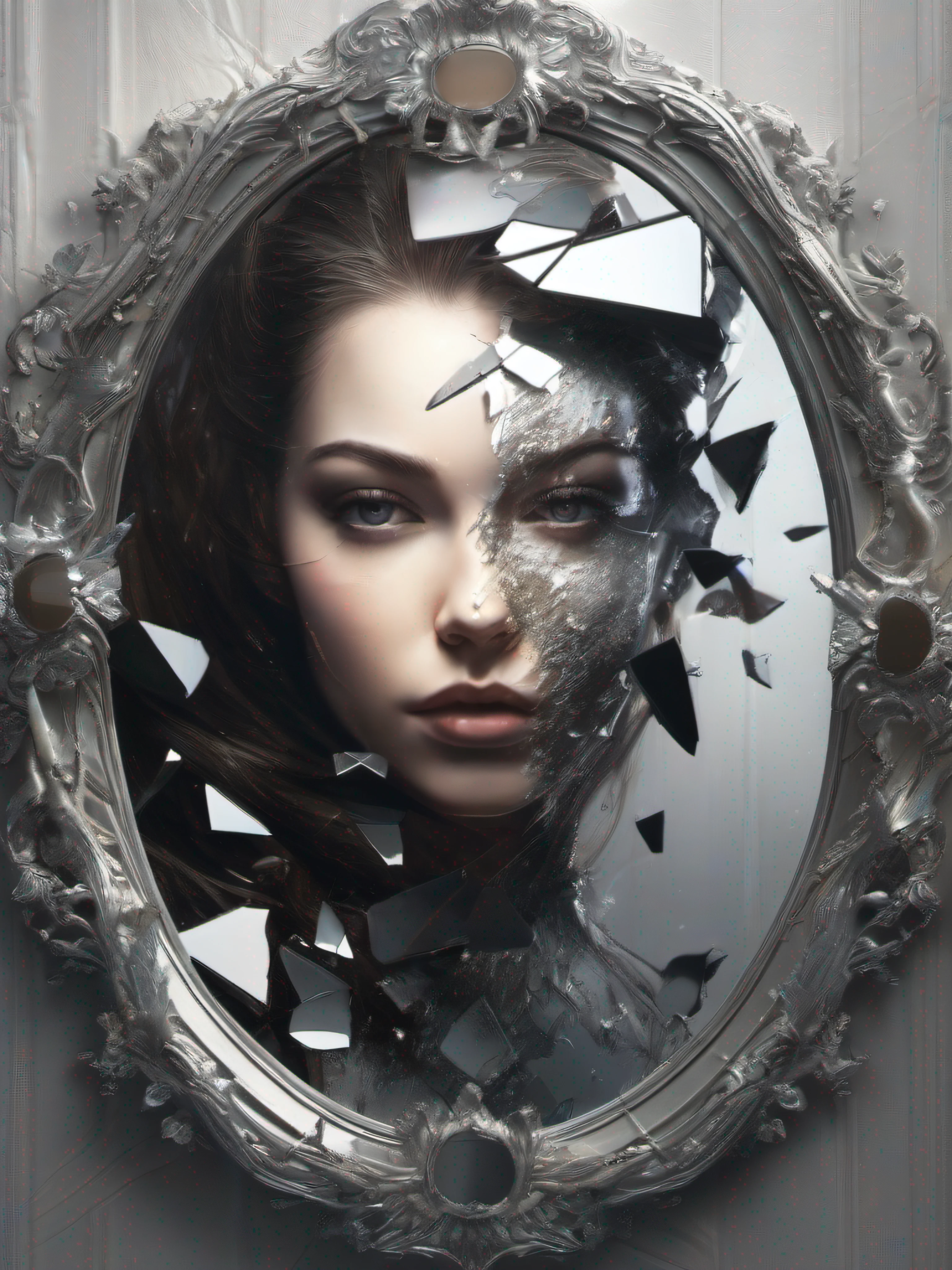 anatomical face, light silver, dark fantasy art, human art, trending art, (the face broke into fragments:1.3), (the girl's face is reflected in the mirror fragments:1.5), (mirror explosion:1.5), hyperdetalization, 1024k
