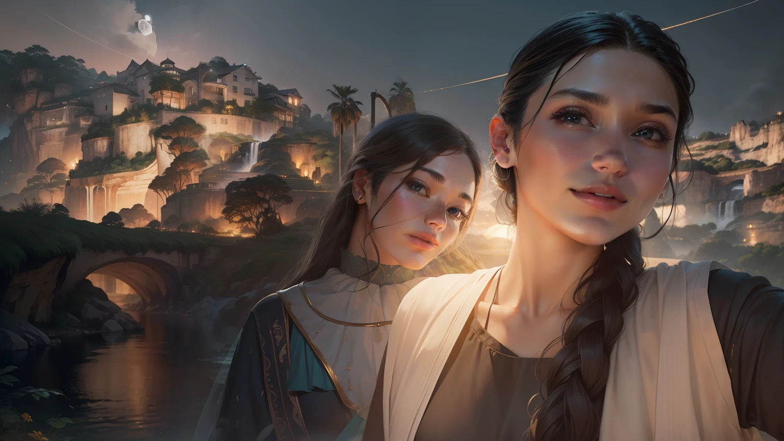 Replace background with hilly waterfall and moon, original face , ultra realistic. Do not change face