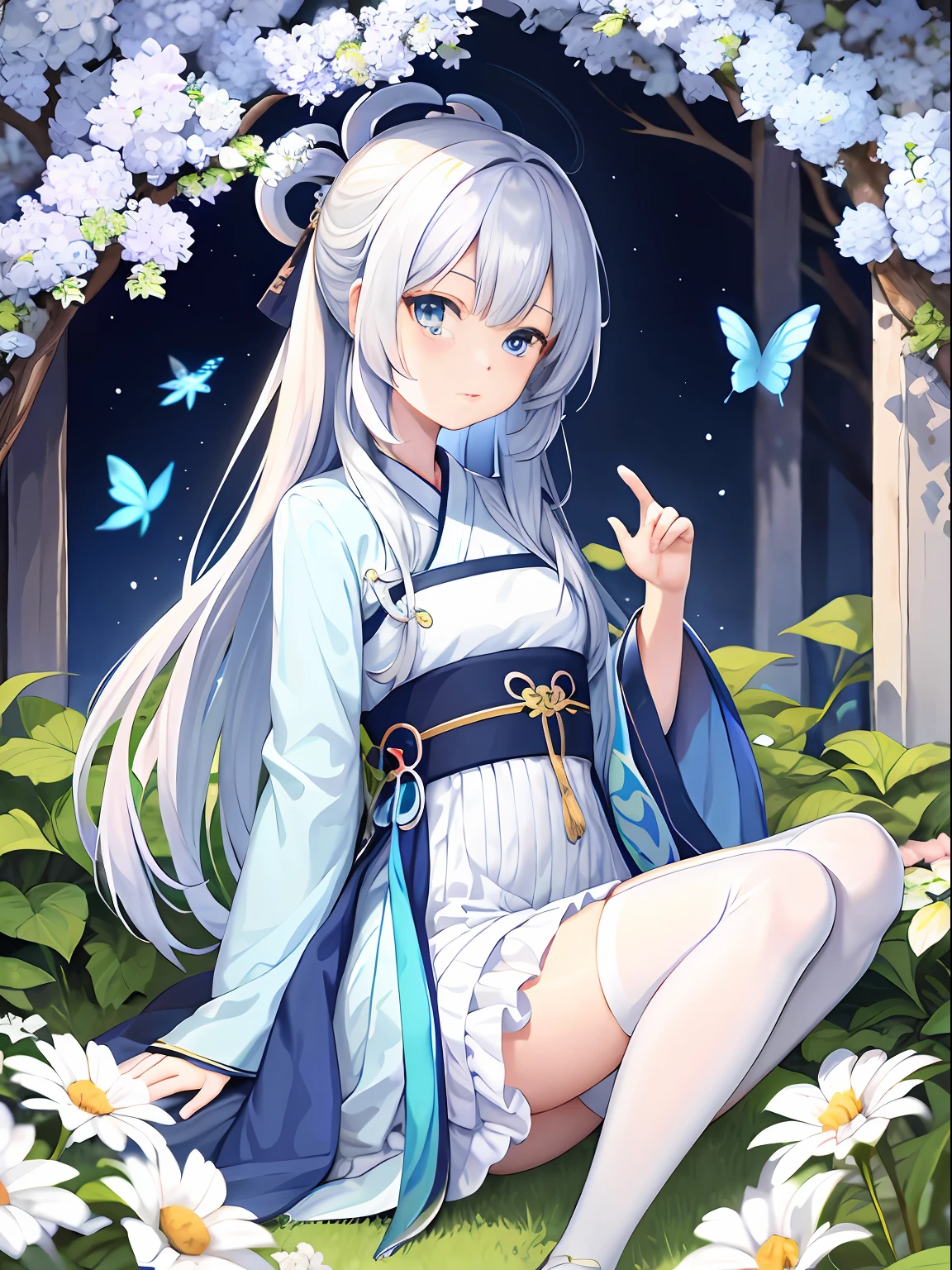 blue ru_swarm,Best_quality,Head,Original_Outfit,Hanfu,Clear details,Masterpiece, Best_quality, Clear details,1girll,Garden background,, Butterfly on the finger,Blue eyes,White hair,Long hair,Big eyes,White stockings