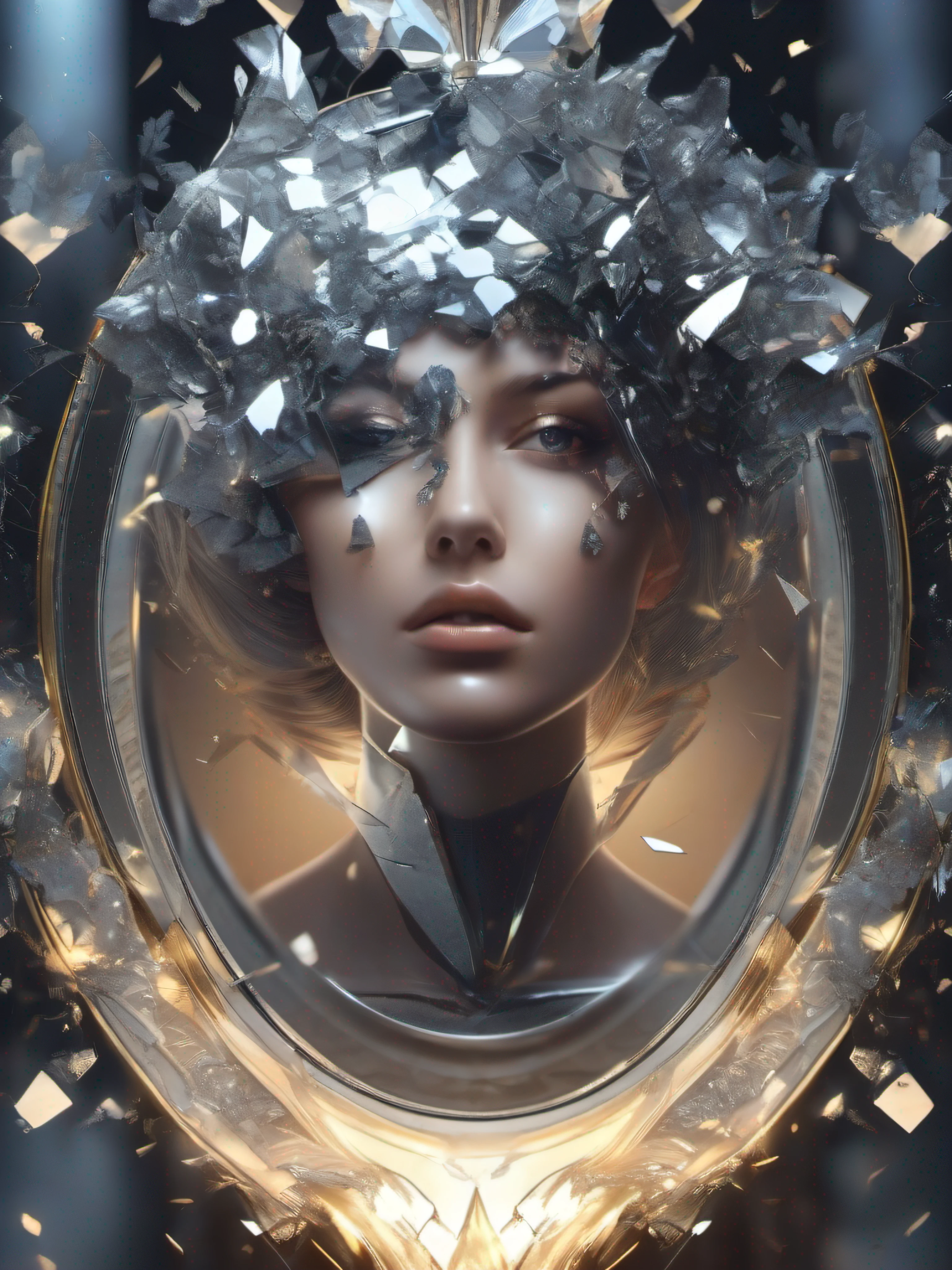 anatomical face, light silver, dark fantasy art, human art, trending art, (the face broke into fragments:1.3), (the girl's face is reflected in the mirror fragments:1.5), (mirror explosion:1.5), hyperdetalization, 1024k