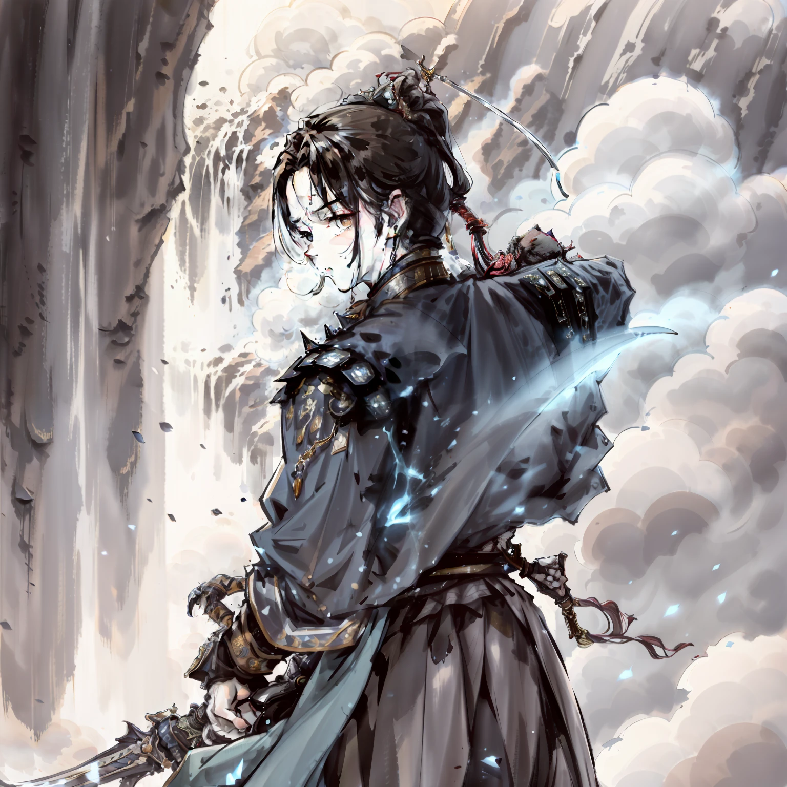 High waterfall，surrounded by cloud，Homem-Imponente，tmasterpiece，A handsome ancient Chinese swordsman with a long sword on his back，The sword is facing down，high qulity，high detal