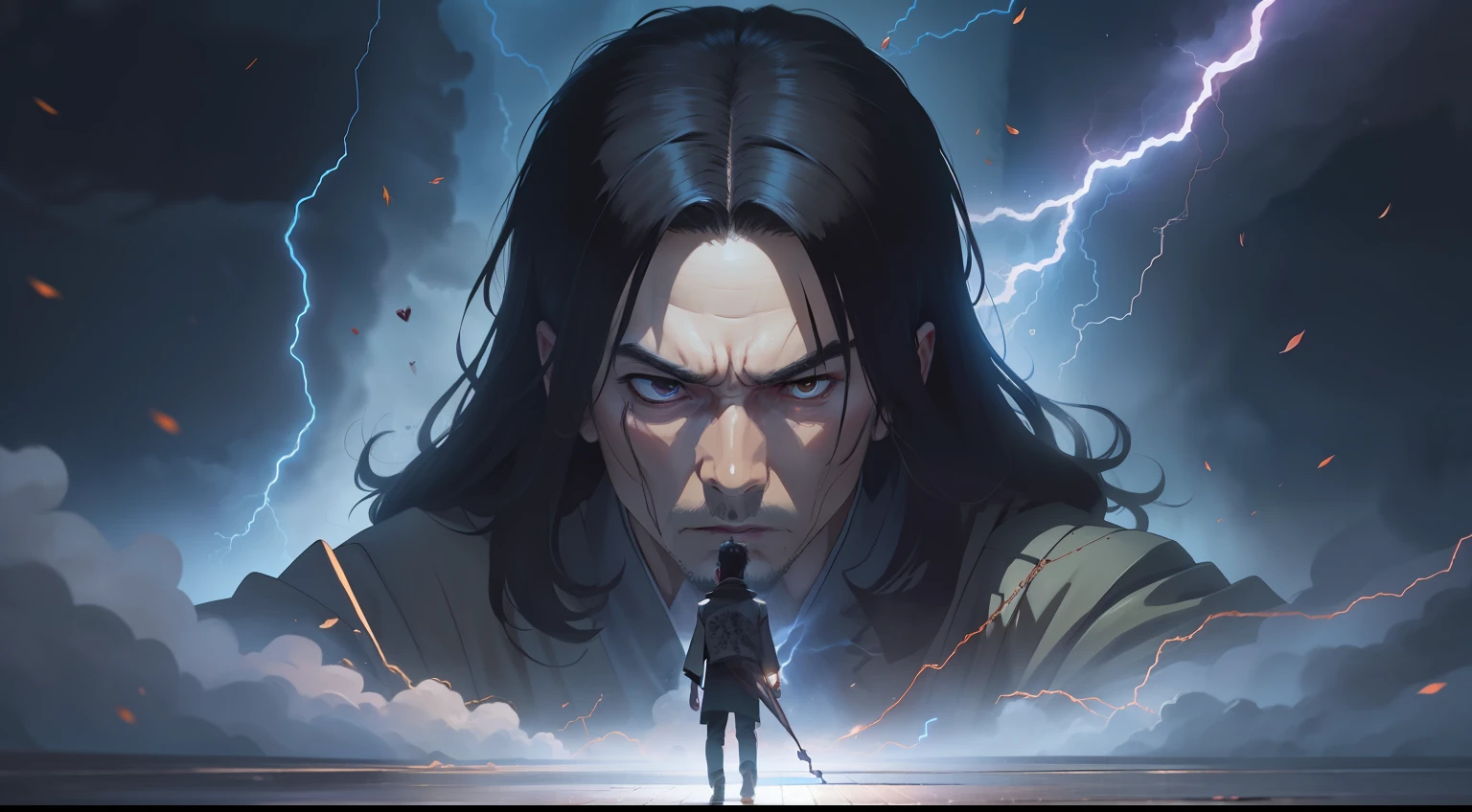 Evil thoughts arose in the heart of the ghost father,Decided to take revenge on his son,Turned and walked towards his son's door,However, the spell emits lightning and thunder,Pushed him back。