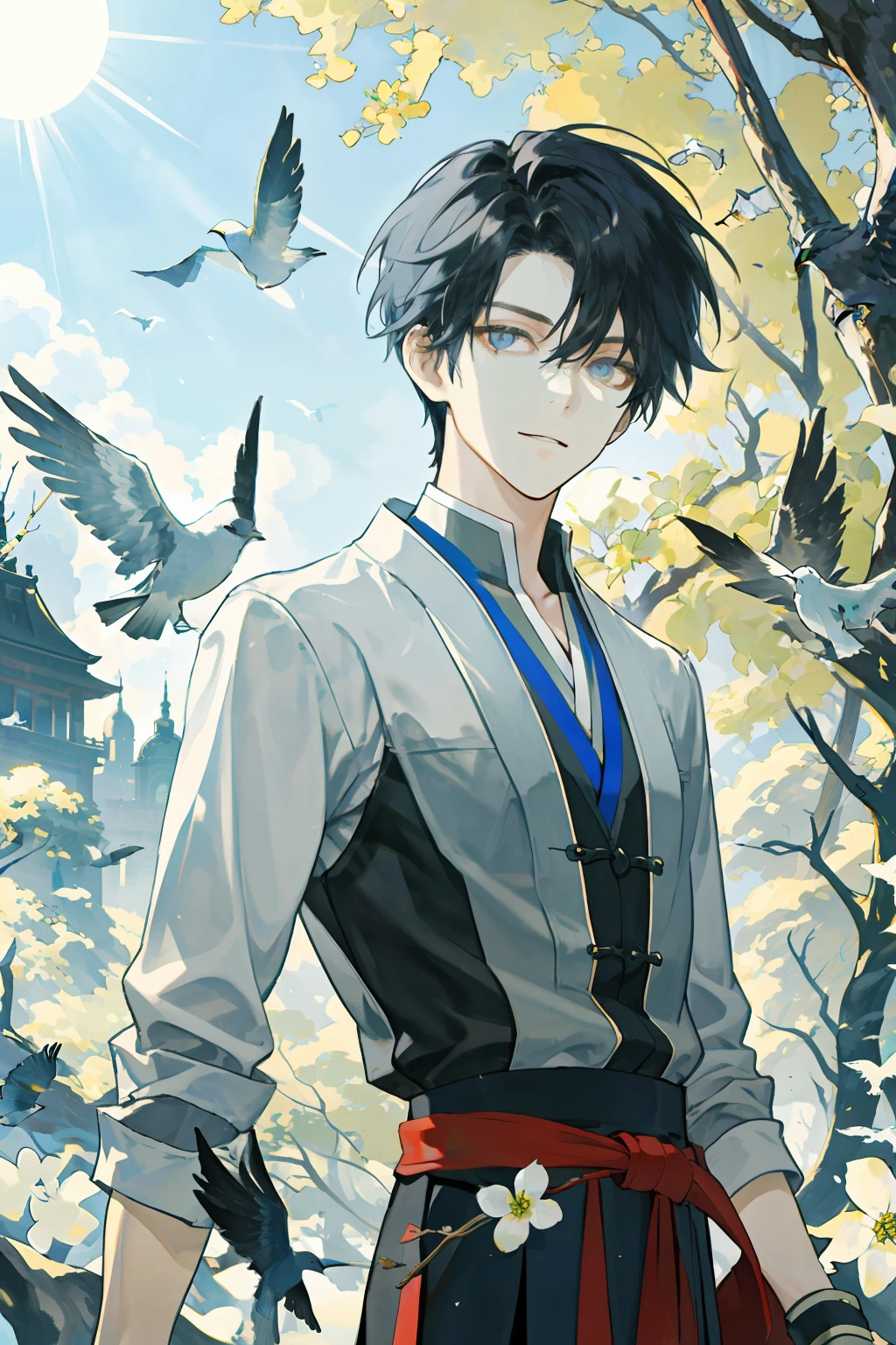 tmasterpiece,Need,1boy,malefocus,cool guy,Community,zaun,Spindle tree,afternoon sunshine,On the way from school,校服,Slim waist，Flock of Birds,frontage,depth of fields，Fluorescent colors are accented in shadows