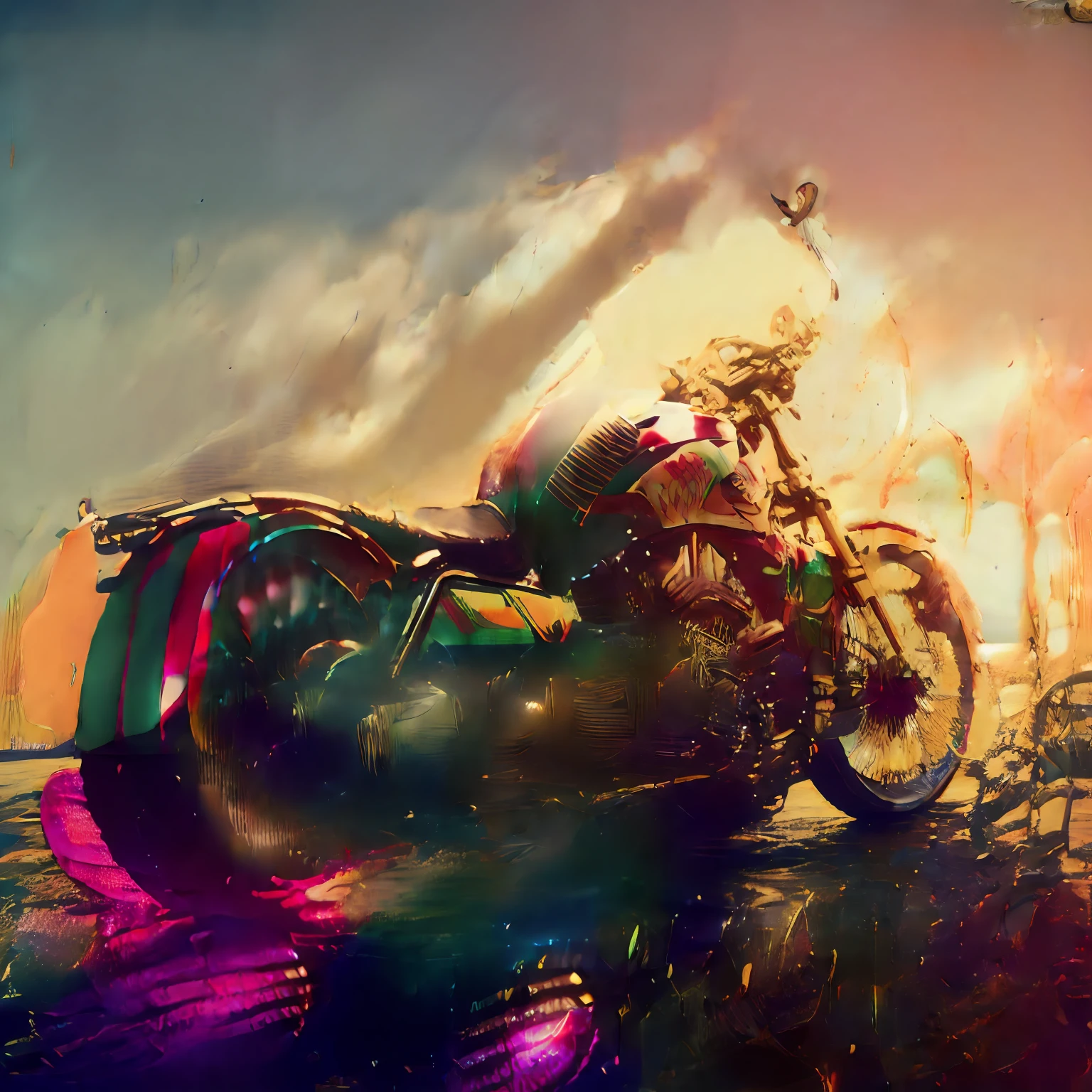 (nvinkpunk:1.2) snthwve style motorcycle, light wave, sunset, intricate, very detailed