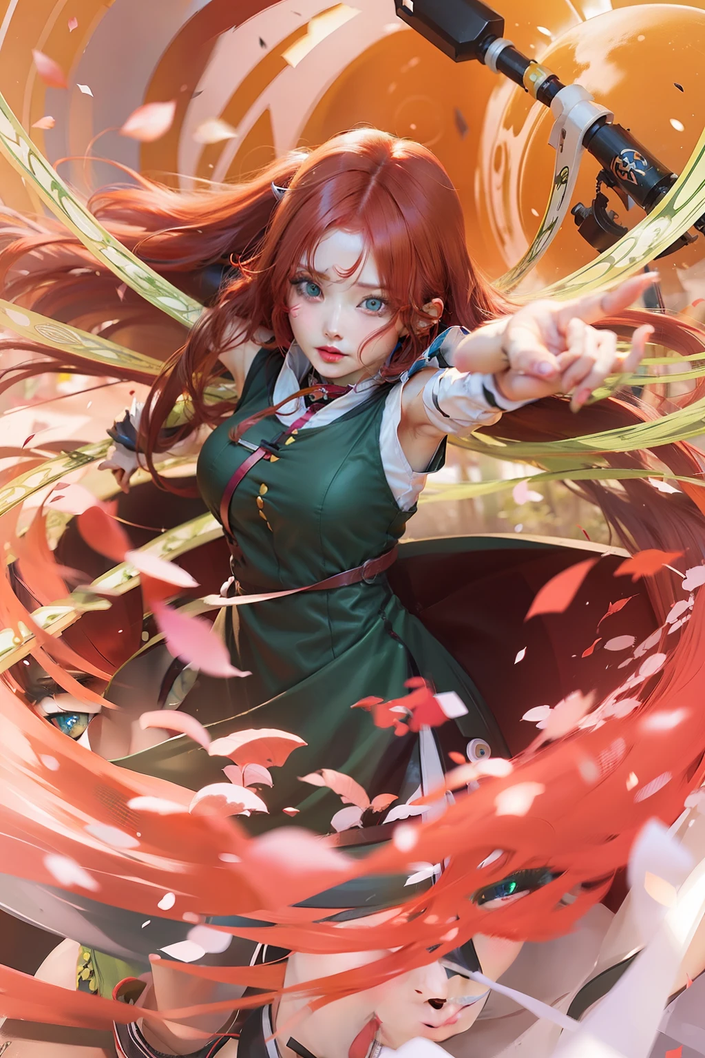 1girl, kushina, red hair, green clothes, blue eyes, realistic, ultra detail
