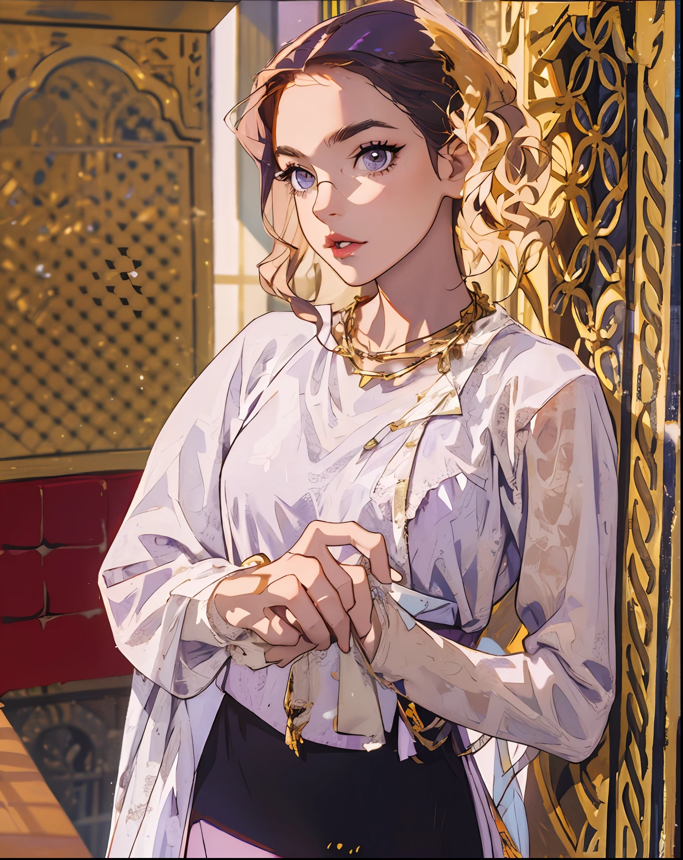 Transform the image into a painting, curly hair, dark brown eyes, golden necklace, glasses, purple dress, sexy look, looking at the viewer, 4k, full hd