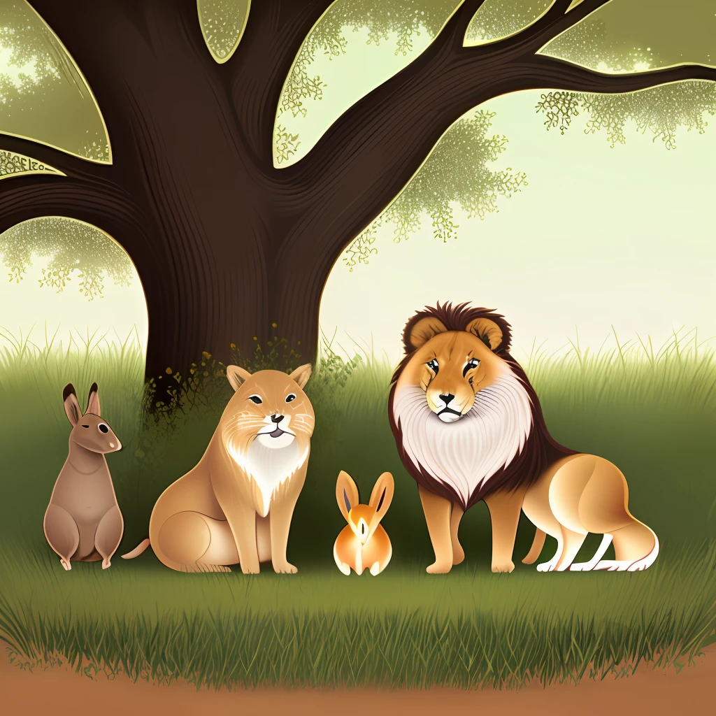 aminals meeting under a tree, include: lion, rabbit, bear, bird, weasel, fox, squirrel, snake and many more animals, cartoon