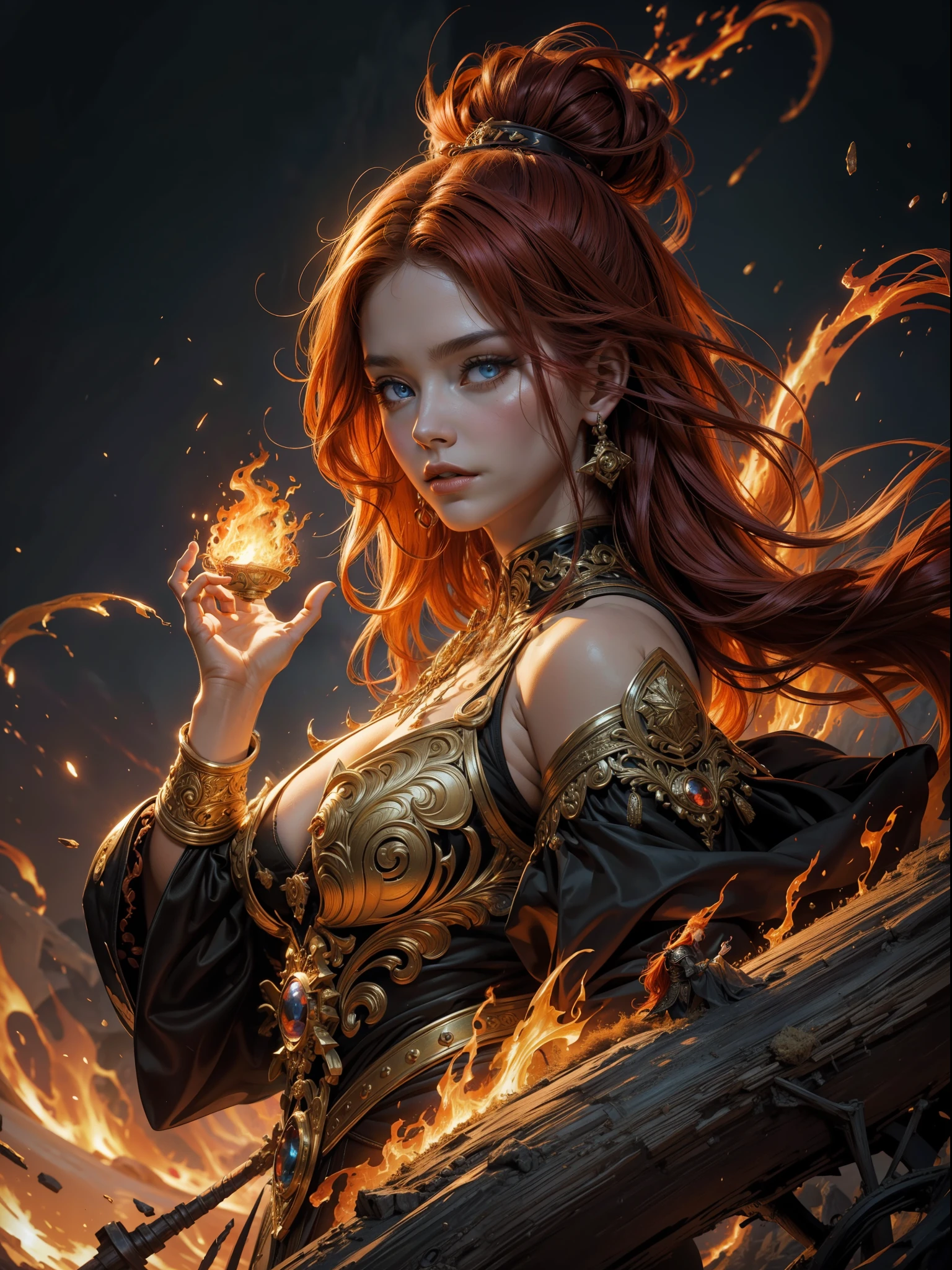 high details, best quality, 8k, [ultra detailed], masterpiece, best quality, (extremely detailed), dynamic angle, ultra wide shot, photorealistic, fantasy art, dnd art, rpg art, realistic art, an ultra wide picture of a female human (1.5 intricate details, Masterpiece, best quality) godess of fire ((fire magical aura)), controlling a swirling fiery magic (1.5 intense details, Masterpiece, best quality), manipulating [[magical fire sigils]] (1.5 intricate details, Masterpiece, best quality), human female, red  hair, long hair with fiery aura, hair with fiery touch, fiery eyes, intense eyes, ((fiery eyes)), ((glowing eyes)), dynamic clothing, fantasy volcano background, ((divine worship atmosphere)), high details, best quality, highres, ultra wide angle