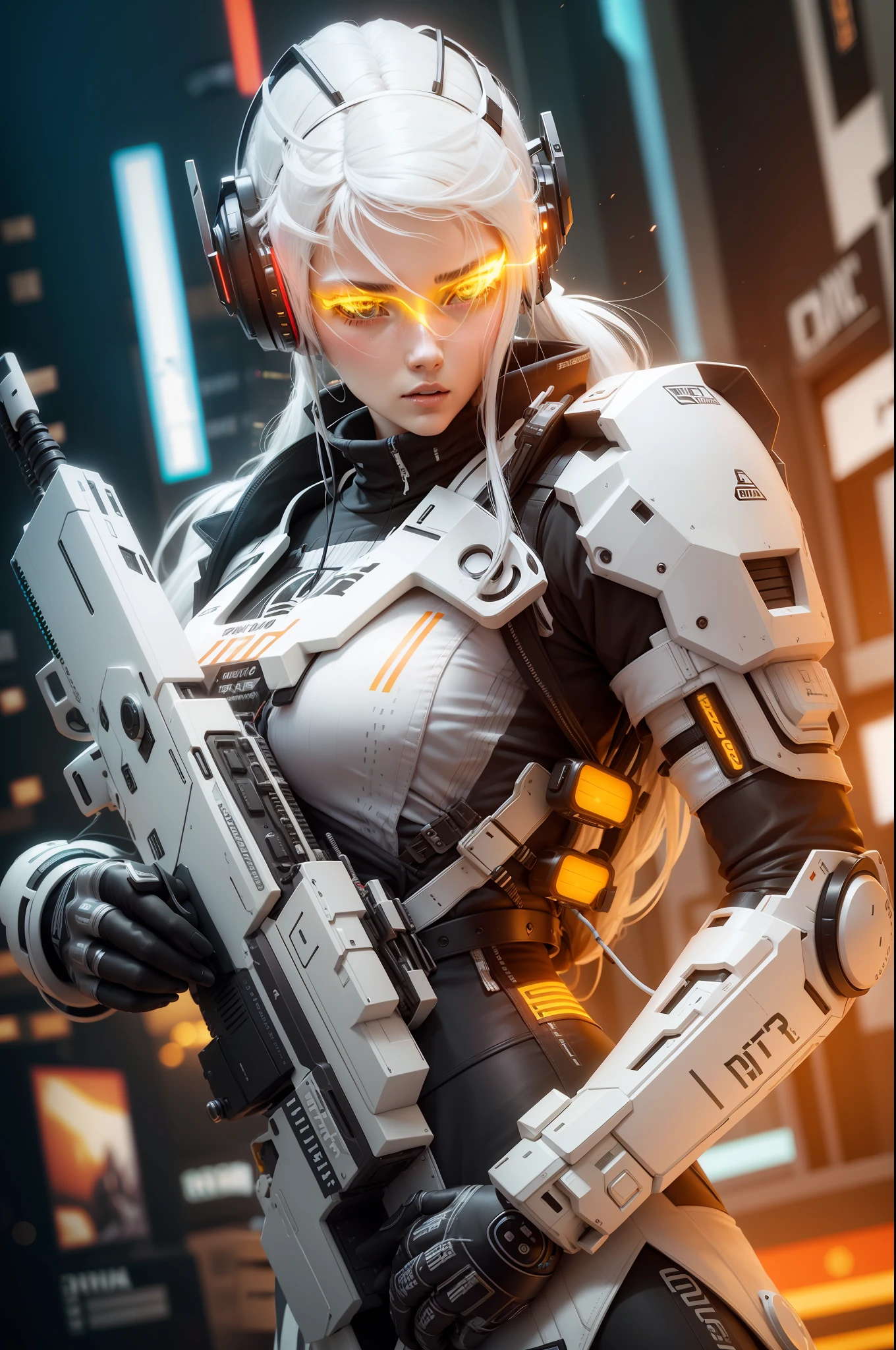 3d real, human, female, long hair, white hair, nvidia, cyberpunk, headphone, mic