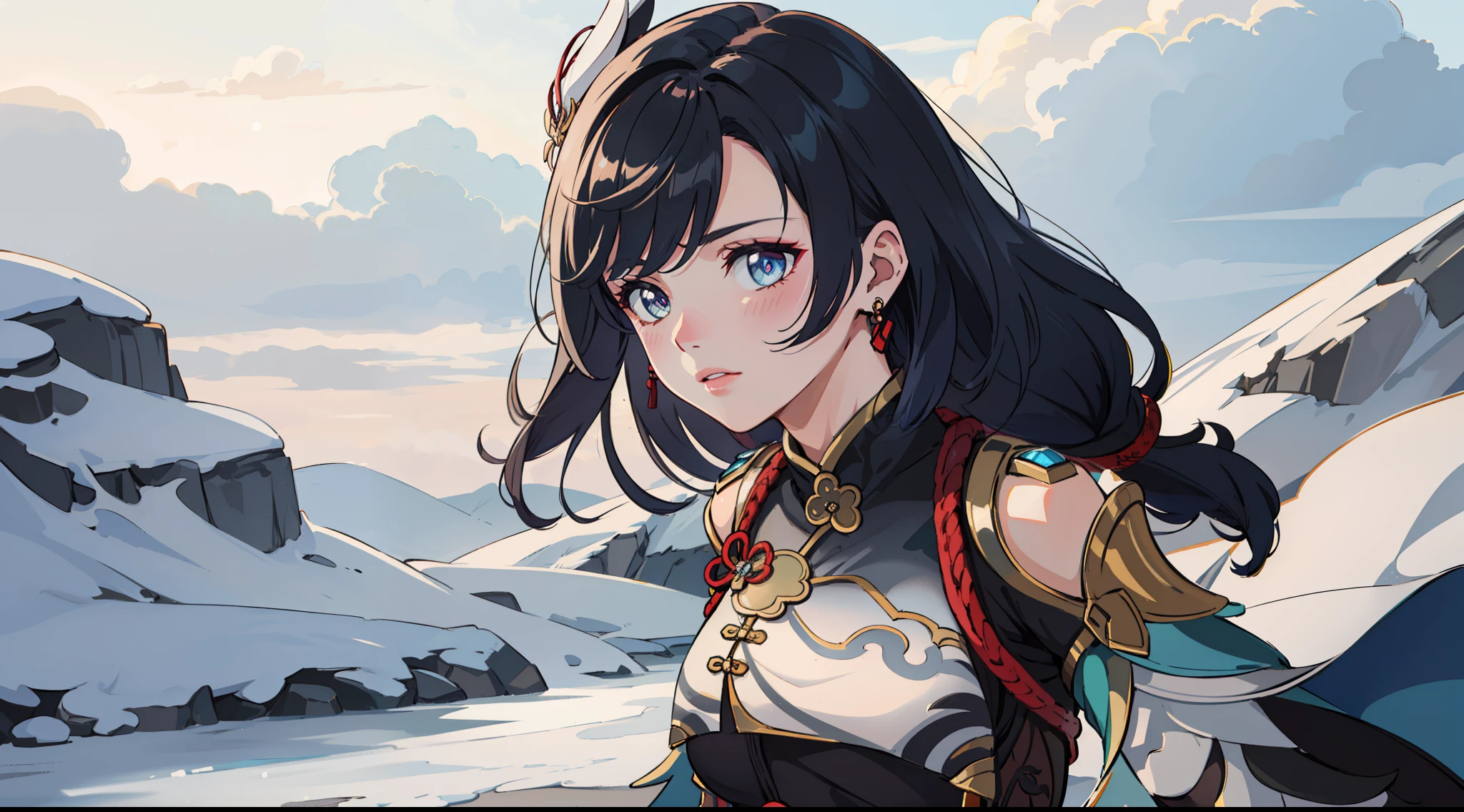 shenhedef, upper body, seductive look, blush, outdoors, snowflake scenery, looking at viewer, cloudy, moody lighting, (perfect detail eyes:1.2), glowing eyes, (long hair one braid:1.2), elemental skill effect, (Masterpiece, Best Quality, High Quality:1.4), professional artwork, Intricate Details, field of view, sharp focus, detailed painting, photorealistic lighting, trending on pixiv, (vivid lighting, vibrant colors:1.05), realistic shadows, ambient occlusion, (athletic body:1.3), mature woman, 30yo,