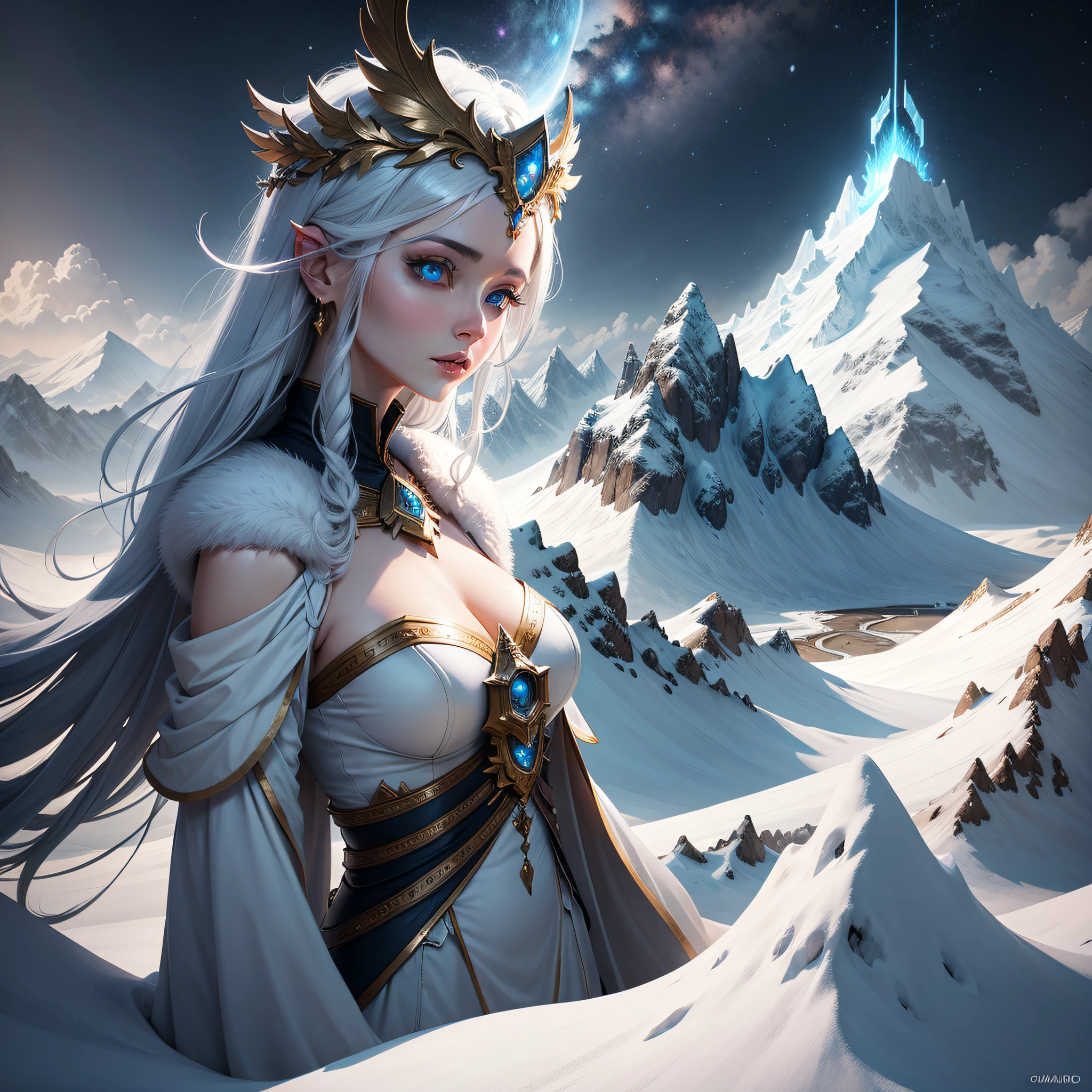 snow mountains,There are goddesses,Overhead halo,offcial art,GameCG,imagining,A detailed,k hd