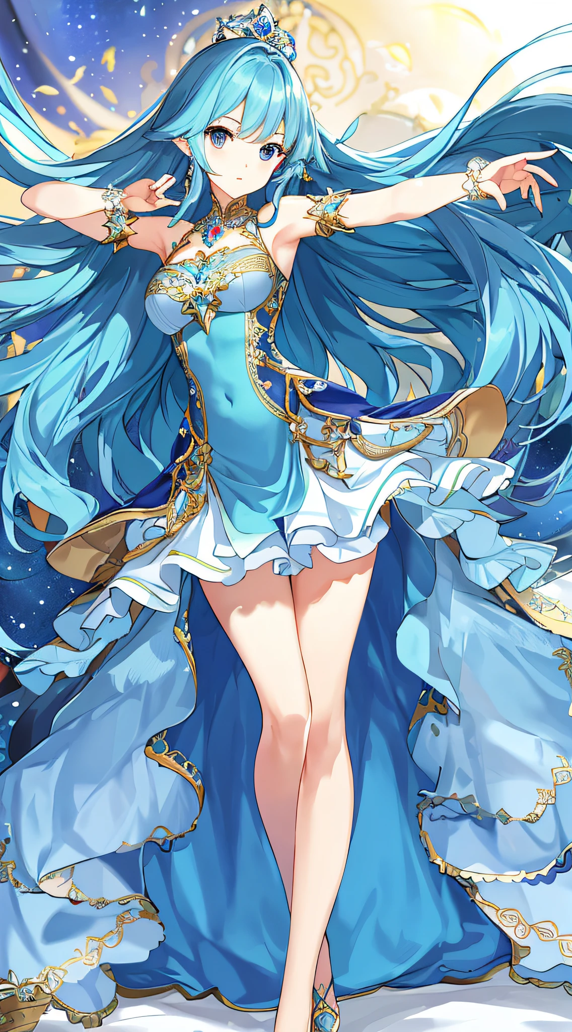 Best Picture Quality、tmasterpiece、full bodyesbian、legs long、Gorgeous princess dress、blue backdrop、greene eyes、short  skirt、largeeyes、delicated、Long flowing hair、A princess、opulent