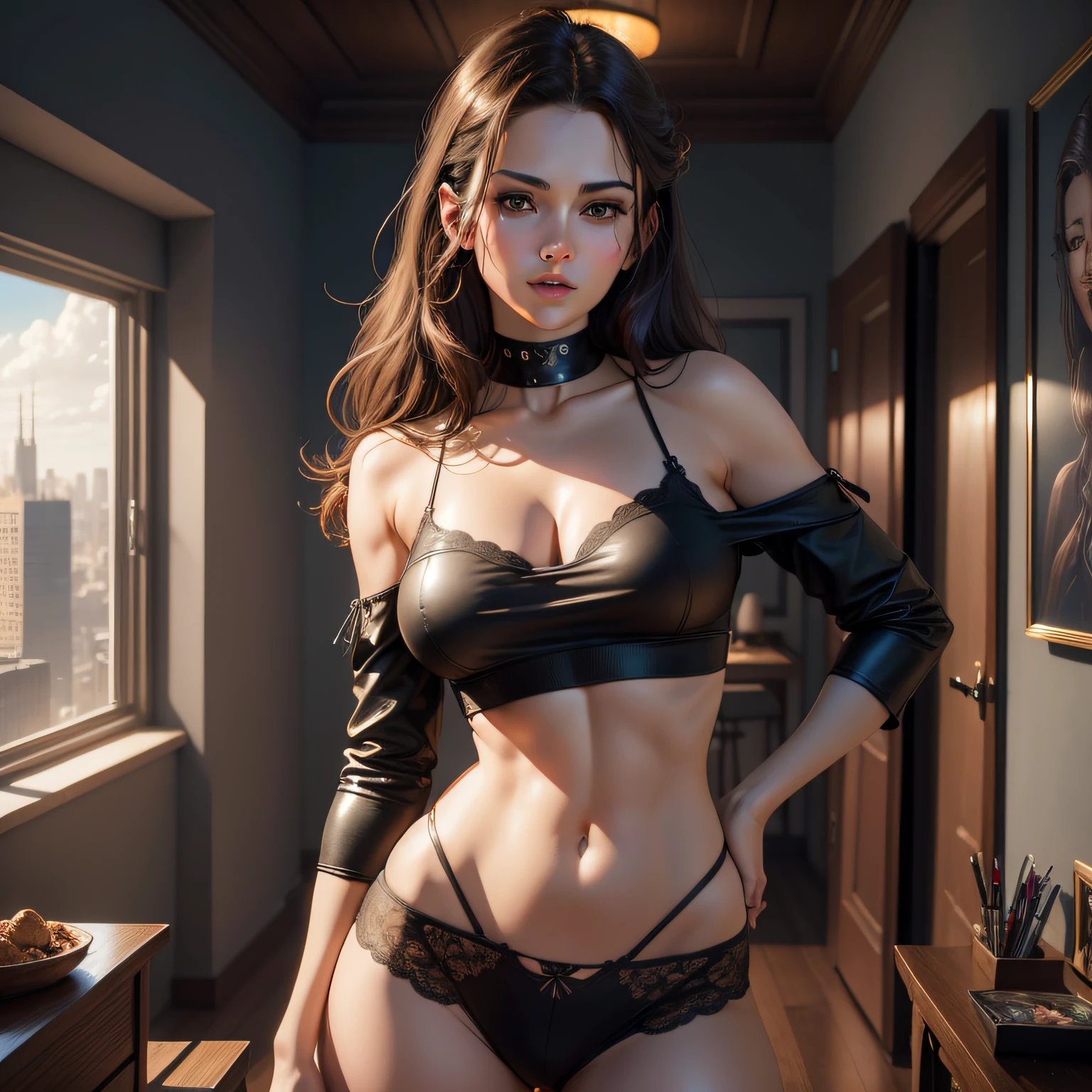 Photorealistic, Best quality,Masterpiece,Highly detailed,Ultra-detailed,1girll,Digital paintings by Greg Rutkovsky and Roslavs;4K UHD image with brunette James Pike Comic Art 1990 comic panel style.fantasy/2P3A line art behance HQ smooth sharp focus vector line Dramatic lighting HD 8x balcony, Crop top, cleavage, midriff