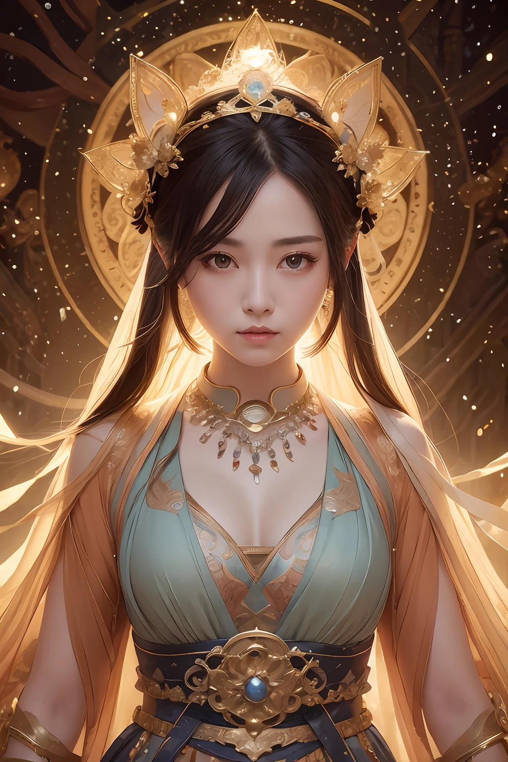 Single female portrait,divino,immortal,cultivating immortals,Magic Array,Gorgeous costumes,Brilliant scene,中景 the scene is,ancient wind,Best quality,hyper-high detail,A high resolution,8K,Delicate face and facial features,glowing light eyes,Artistic lighting,