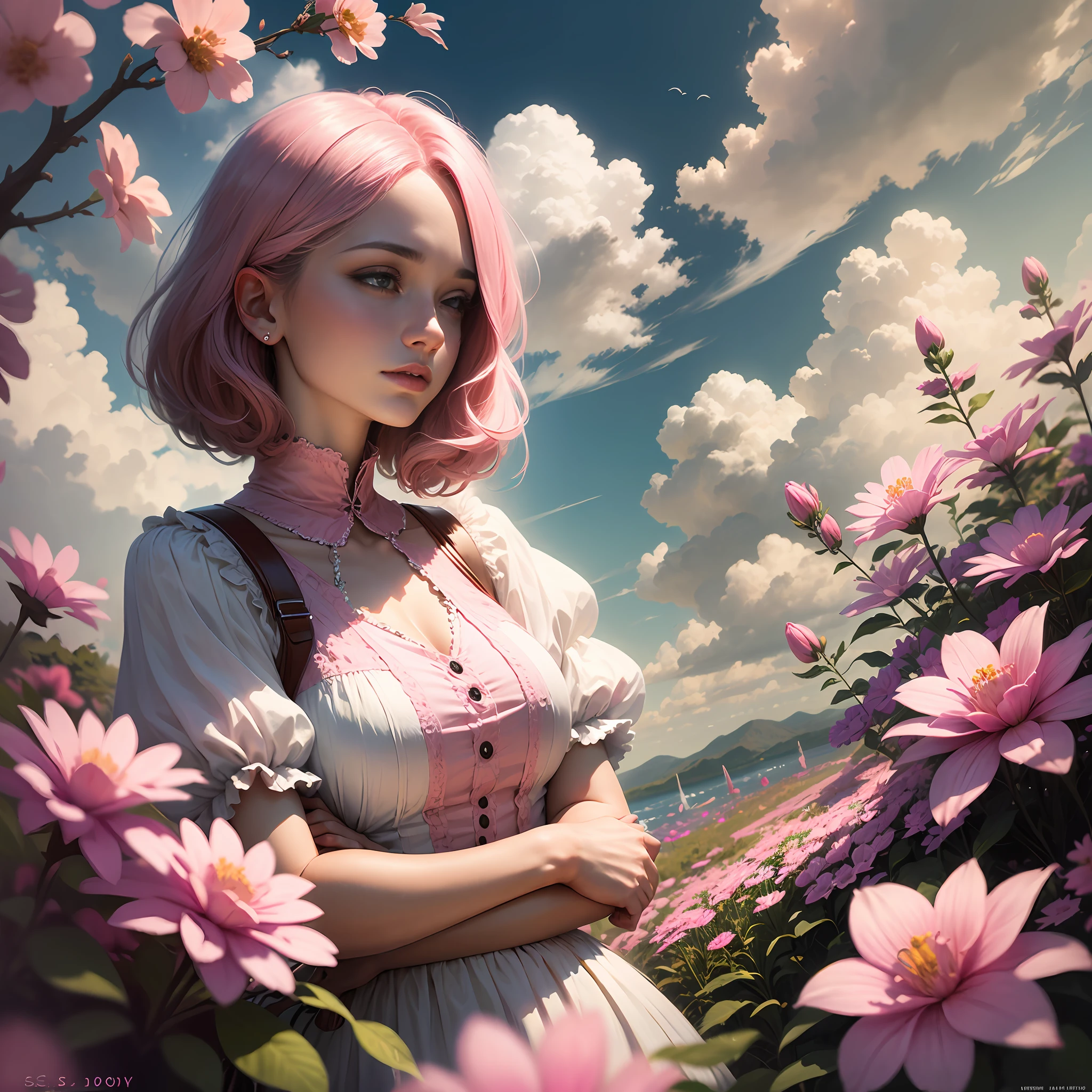 Beautiful 30 years old lady, pink hair, cloudy sky, surrounded by pink and blue flowers --auto --s2