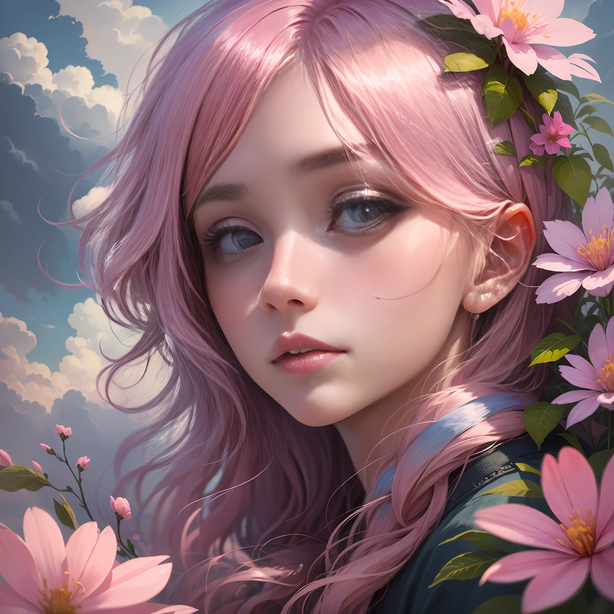 Beautiful 30 years old lady, pink hair, cloudy sky, surrounded by pink and blue flowers --auto --s2