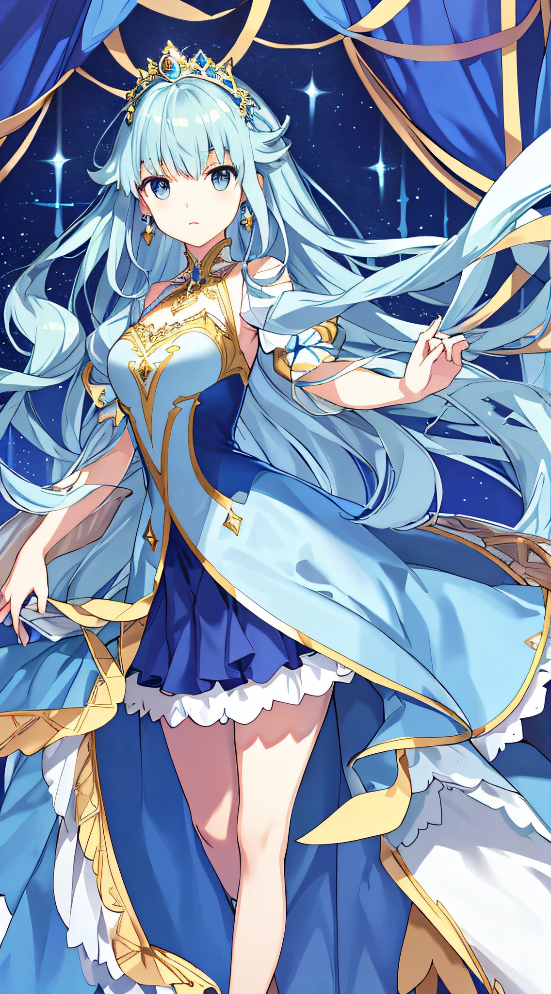 Best Picture Quality、tmasterpiece、full bodyesbian、legs long、Gorgeous princess dress、blue backdrop、greene eyes、short skirt、largeeyes、delicated、Long flowing hair、A princess、opulent