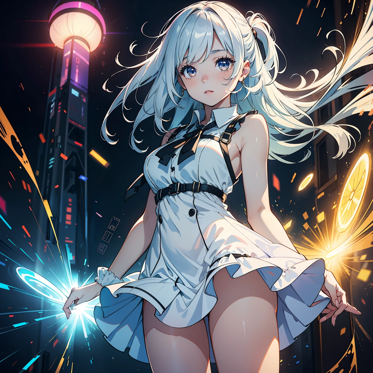 A beautiful 20-year-old girl,Short dress,big bright eyes,long eyelasher,White skin of the,half-body shots,Colored light