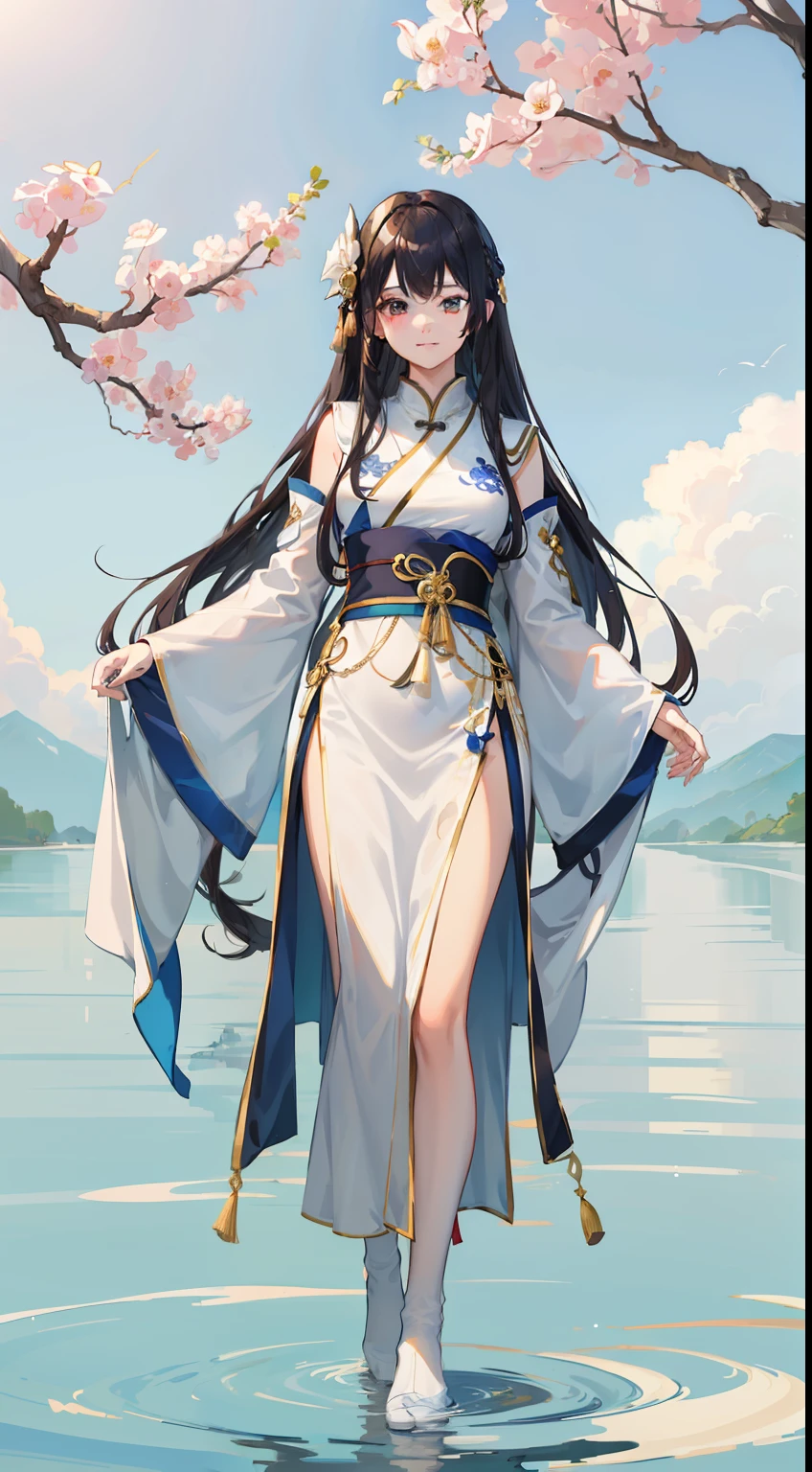 ((4K,Masterpiece,Best quality)), shuimobysim, Traditional Chinese painting, lotuses, Hanfu, maxikit, Dress conservatively 1girl, Solo, Blue long hair, ssmile, standing on your feet, feet in water, (White stockings 2.0)