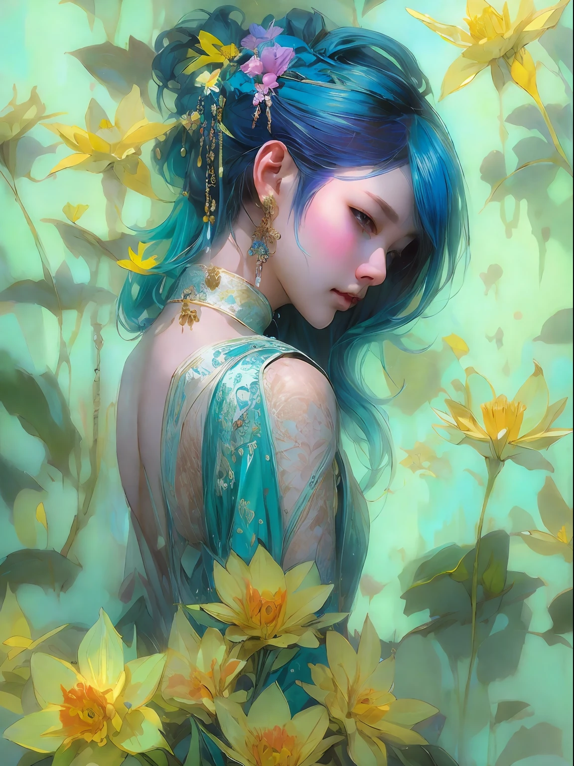 HighestQuali,tmasterpiece:1.2,Detailed details,4K,A beautiful painting of ladies,Her blue hair is surrounded by flowers, inspired by Lin Liang, Trend of CGsociety, arte figurativa, tyrus wong, daffodil, amarelo、blue and cyan colors, author:tom bagshaw, Japanese woman, Song Dynasty