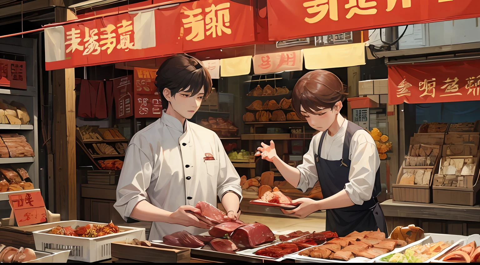 人物：

Chen Jianghai（male people）
Butcher stall owner（Unknown gender）
Scenes：

Meat stalls in the wet market：Chen Jianghai buys pork belly in front of the meat stall。