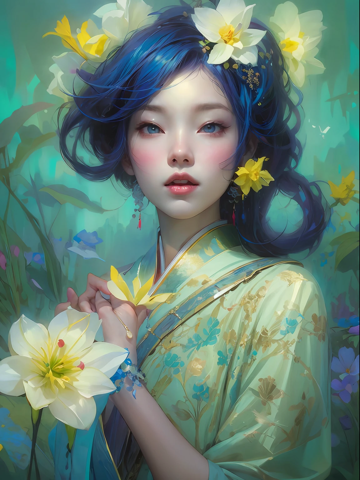 HighestQuali，tmasterpiece：1.2，Detailed details，4K，A beautiful painting of ladies，Her blue hair is surrounded by flowers, inspired by Lin Liang, Trend of CGsociety, arte figurativa, tyrus wong, daffodil, amarelo、blue and cyan colors, author：tom bagshaw, Japanese woman, Song Dynasty