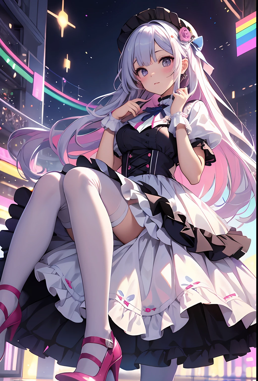 best qualityer,tmasterpiece,Ultimate resolution,downy,Extremely colorful,Colorful,Big high school girl,Lolita long dress, white stockings,Muffin shoes