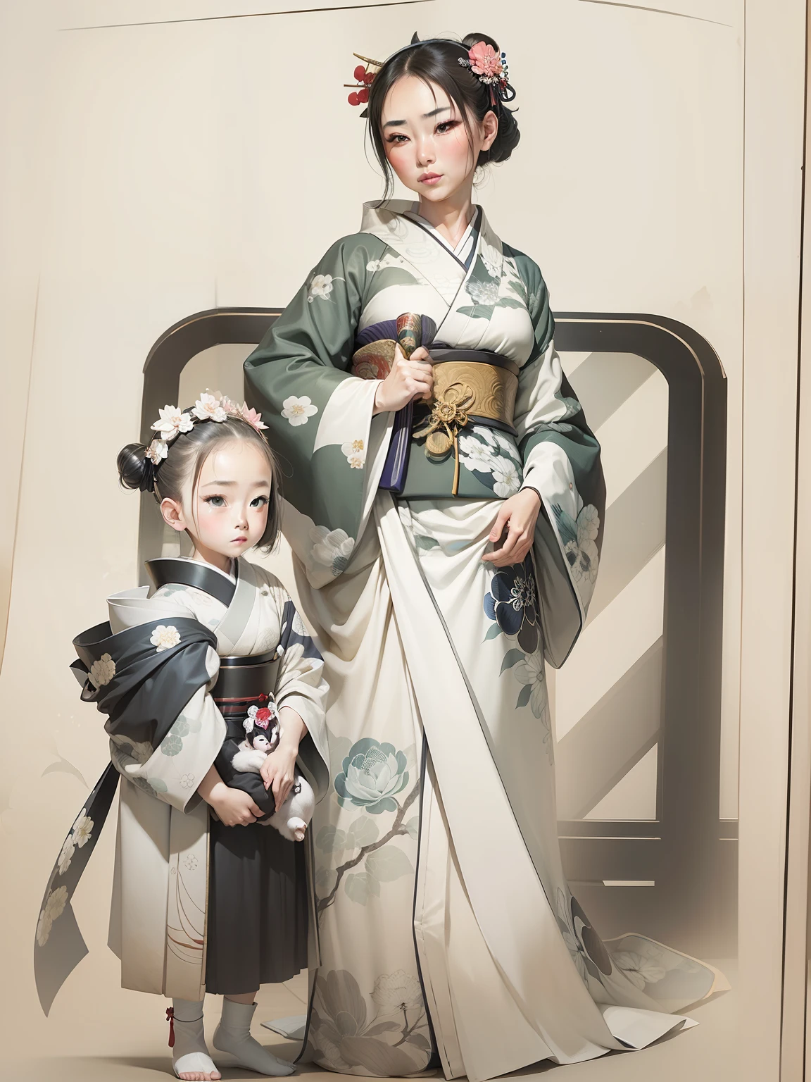 ((masterpiece))、(top-quality)、kabuki、in the edo era、Mother and child、kimono、beautiful countenance